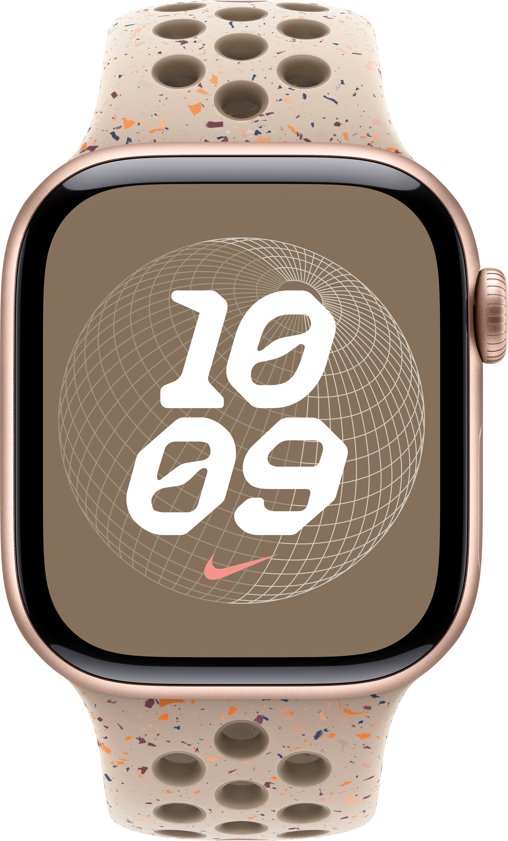 Eine Smartwatch mit braunem und beigem Armband, zeigt die Uhrzeit 10:09 und ein Nike-Logo.