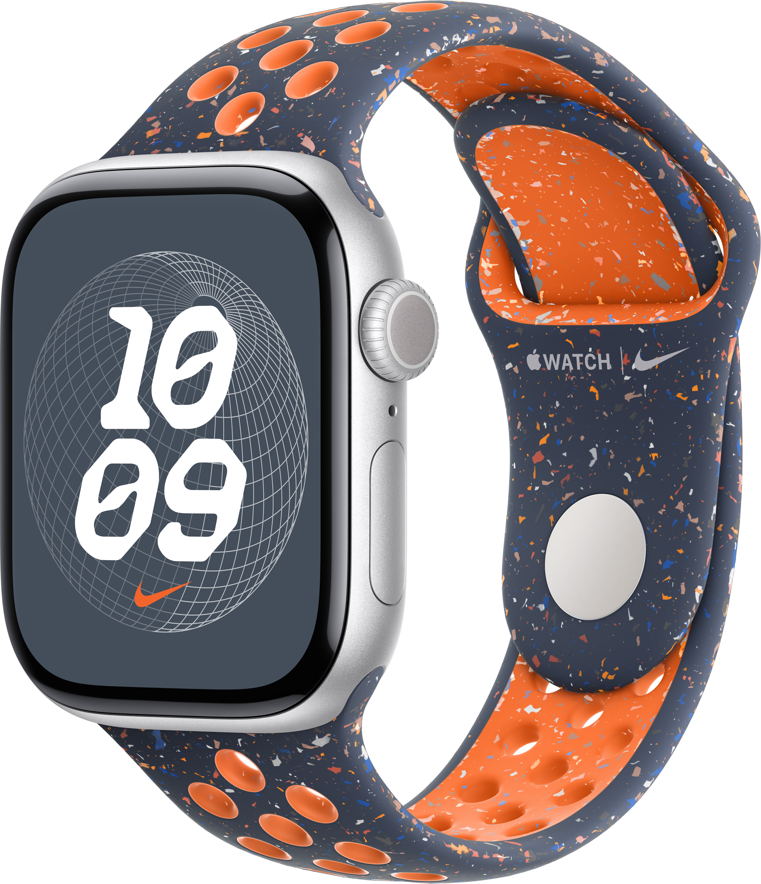 Silberne Apple Watch mit blau-orangefarbenem Sportarmband, zeigt die Uhrzeit.