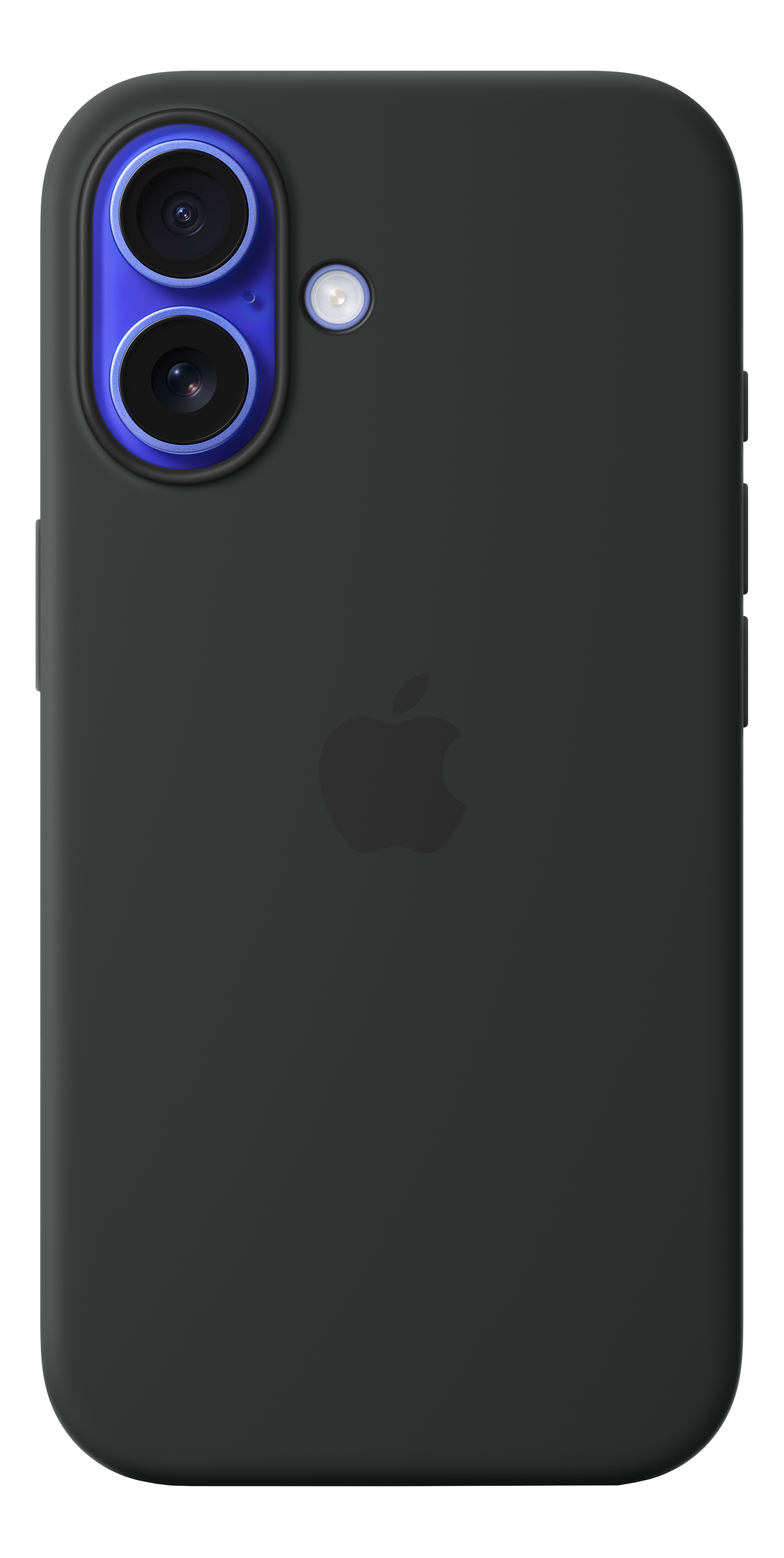 Coque noire pour iPhone avec lunette de caméra bleu foncé et logo Apple.