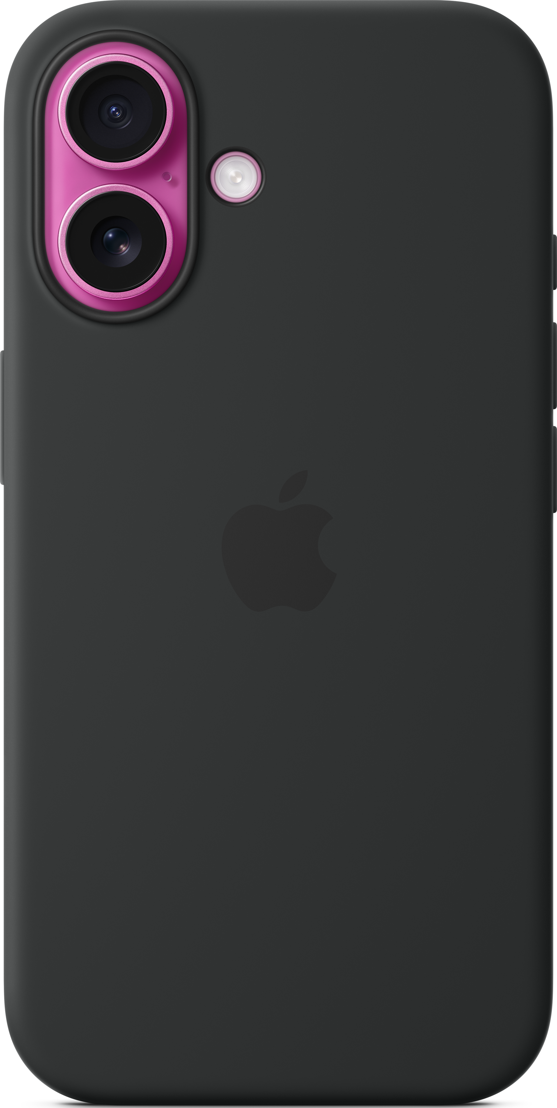 iPhone noir avec une bosse de caméra rose et un logo Apple à l'arrière.
