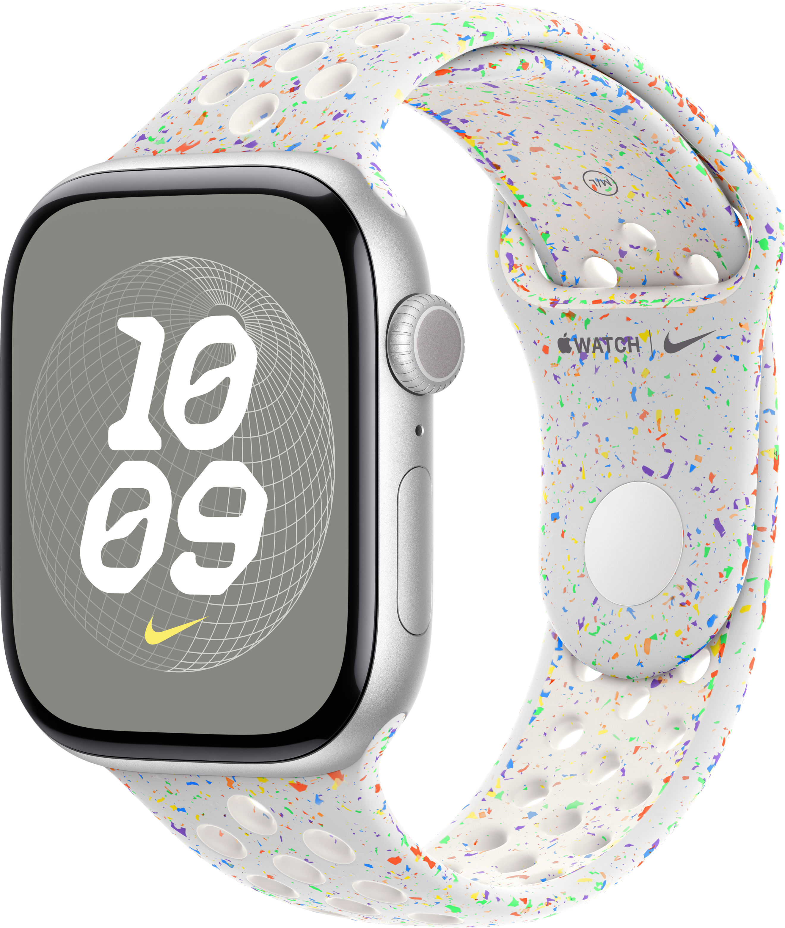 Weiße Apple Watch mit gesprenkeltem Band, 10:09, schwarzer Hintergrund.