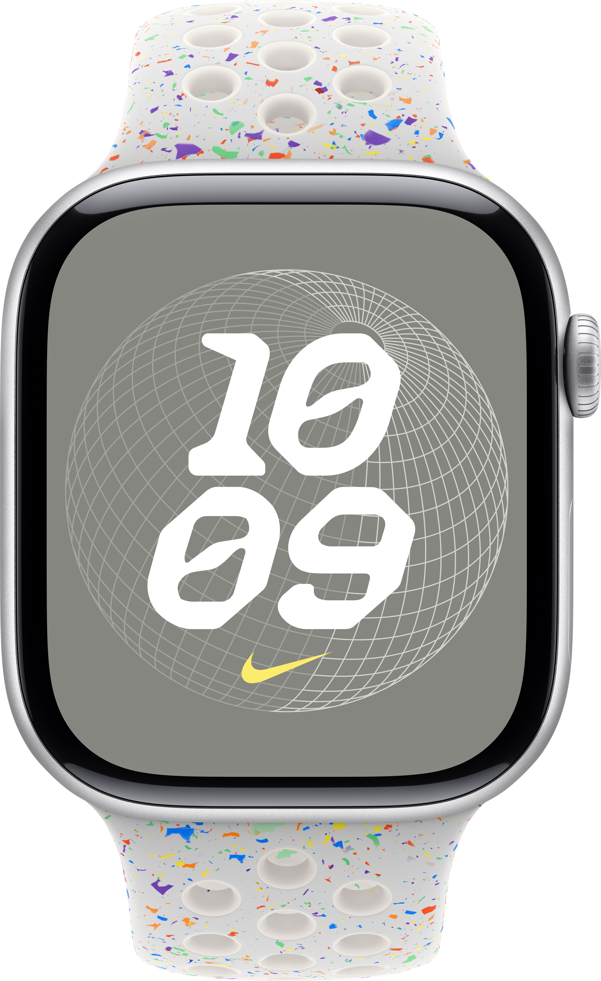 Eine Apple Watch mit weißem Armband und digitalem Zifferblatt mit Uhrzeit.
