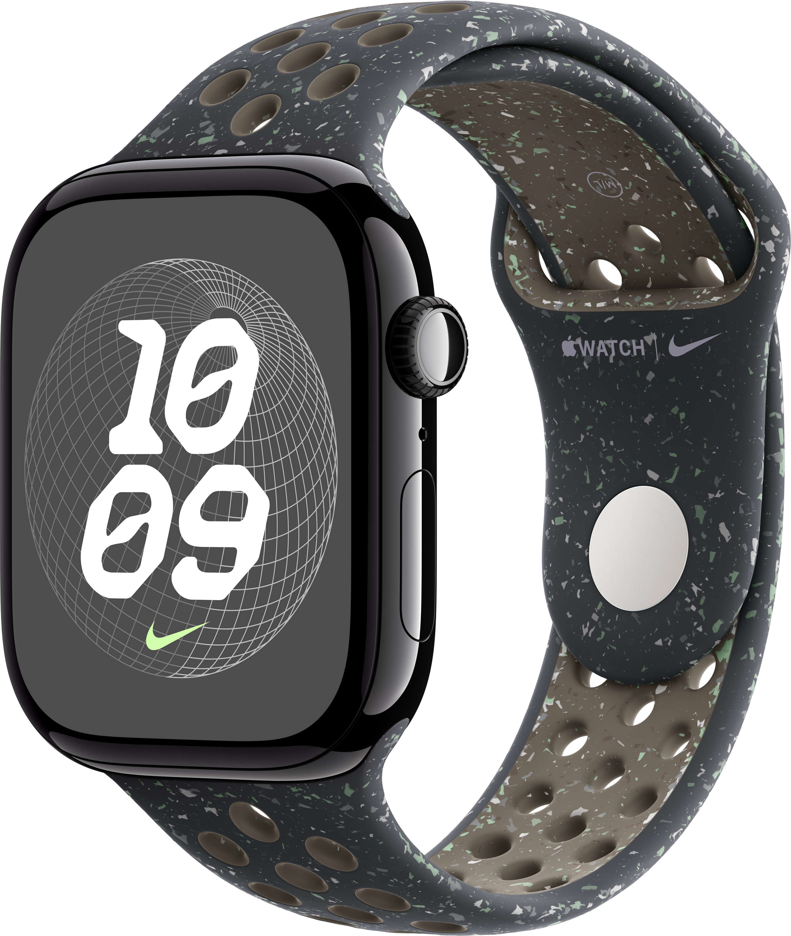 Apple Watch mit schwarzem Gehäuse und gesprenkeltem Armband, zeigt die Uhrzeit 10:09.