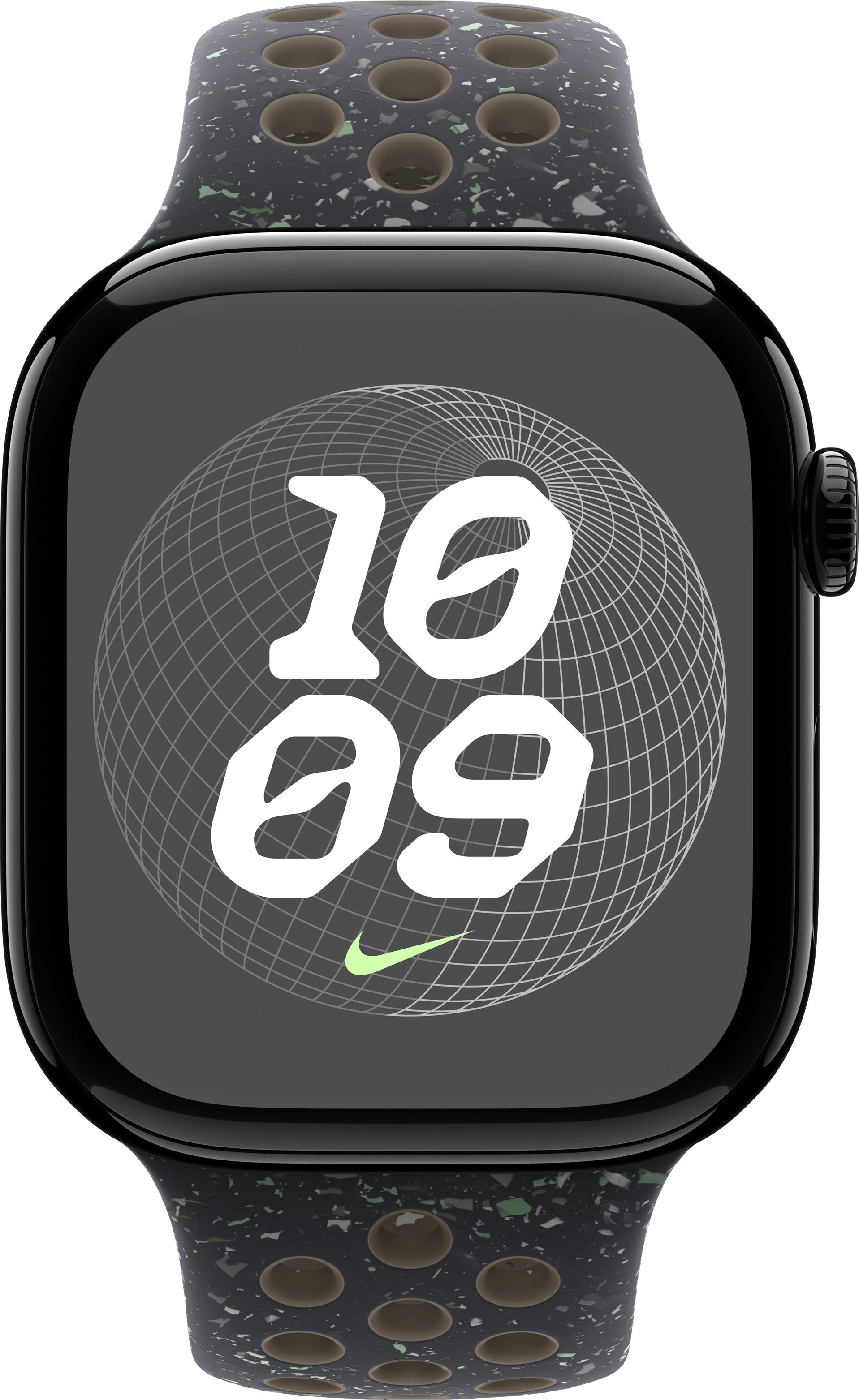 Apple Watch mit Nike-Armband. Das Zifferblatt zeigt die Uhrzeit 10:09 und ein globusähnliches Design.