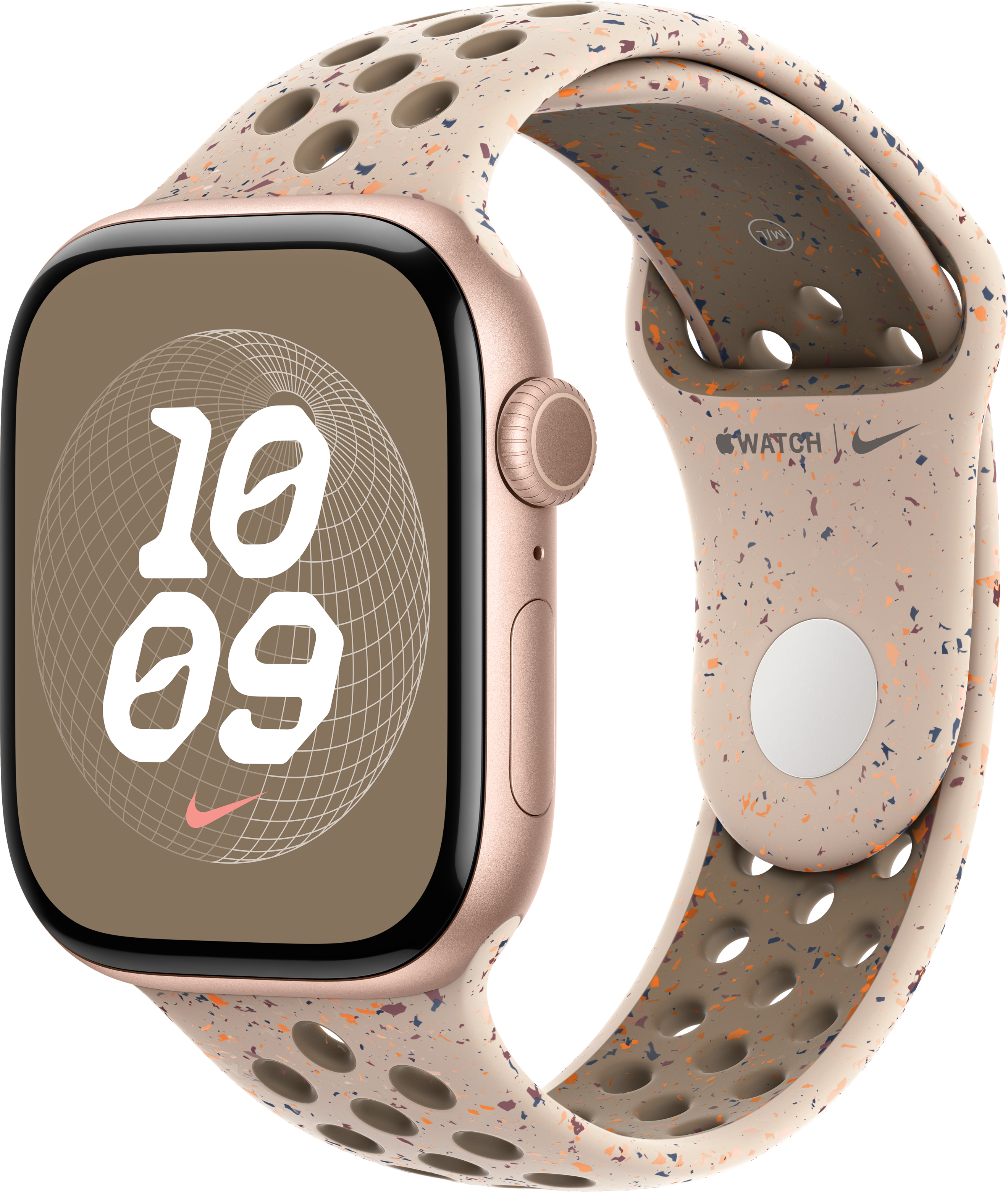 Eine goldfarbene Apple Watch mit beigem Armband mit orangefarbenen und braunen Sprenkeln. Der Bildschirm zeigt die Zeit.