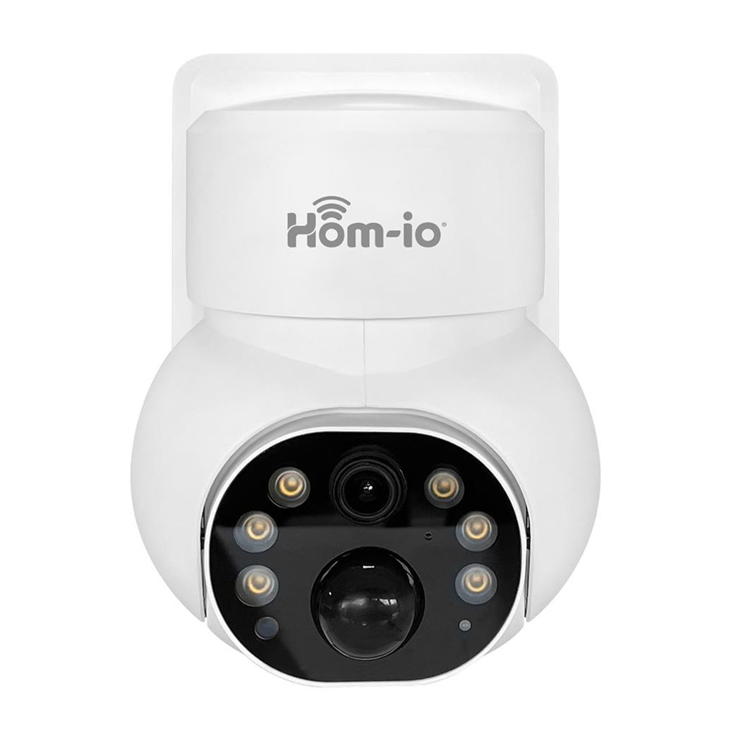 Una telecamera di sicurezza bianca con lente rotonda e il logo 'Höm-io' in alto.