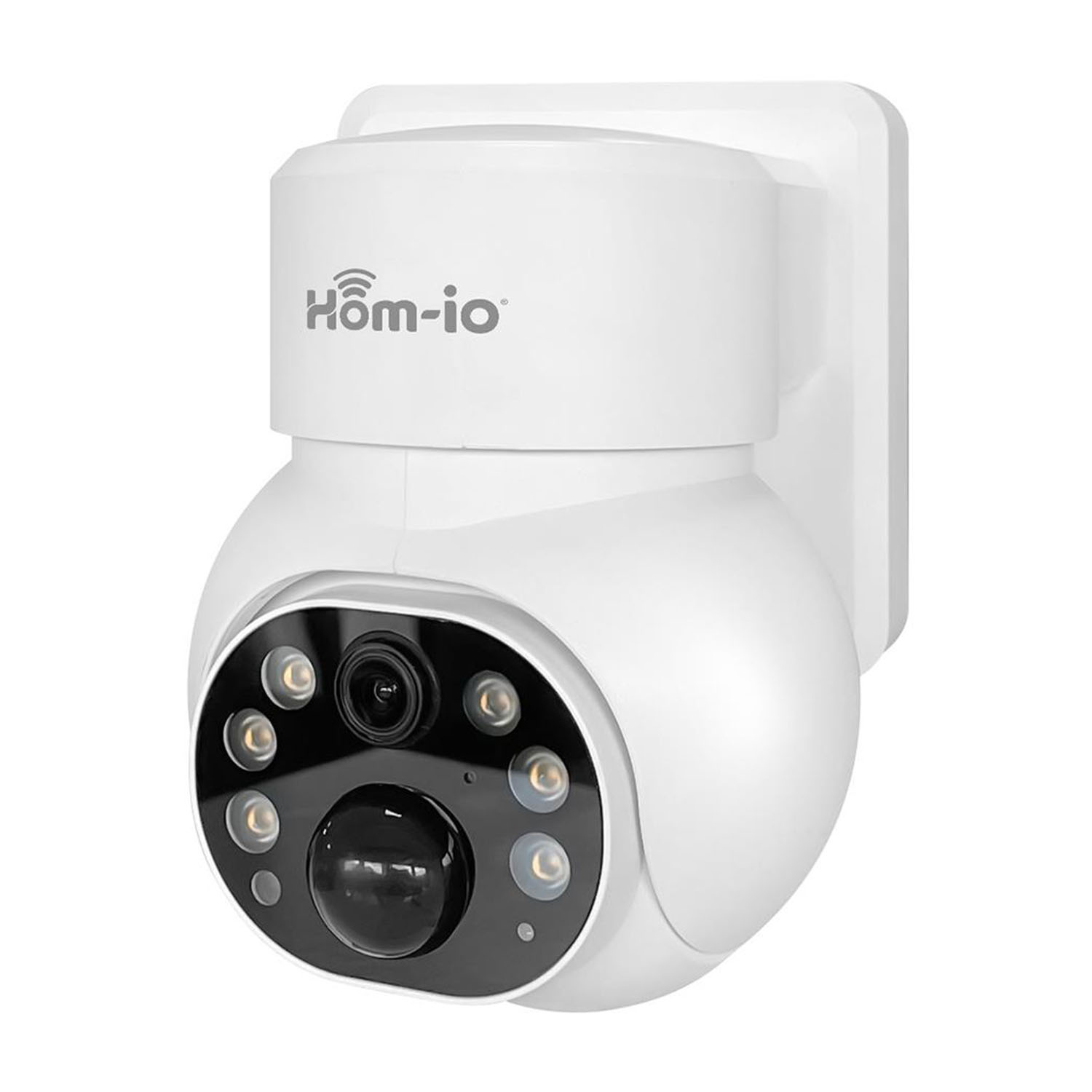 Telecamera di sicurezza bianca e rotonda con il logo Hom-io. È montata su una superficie bianca.