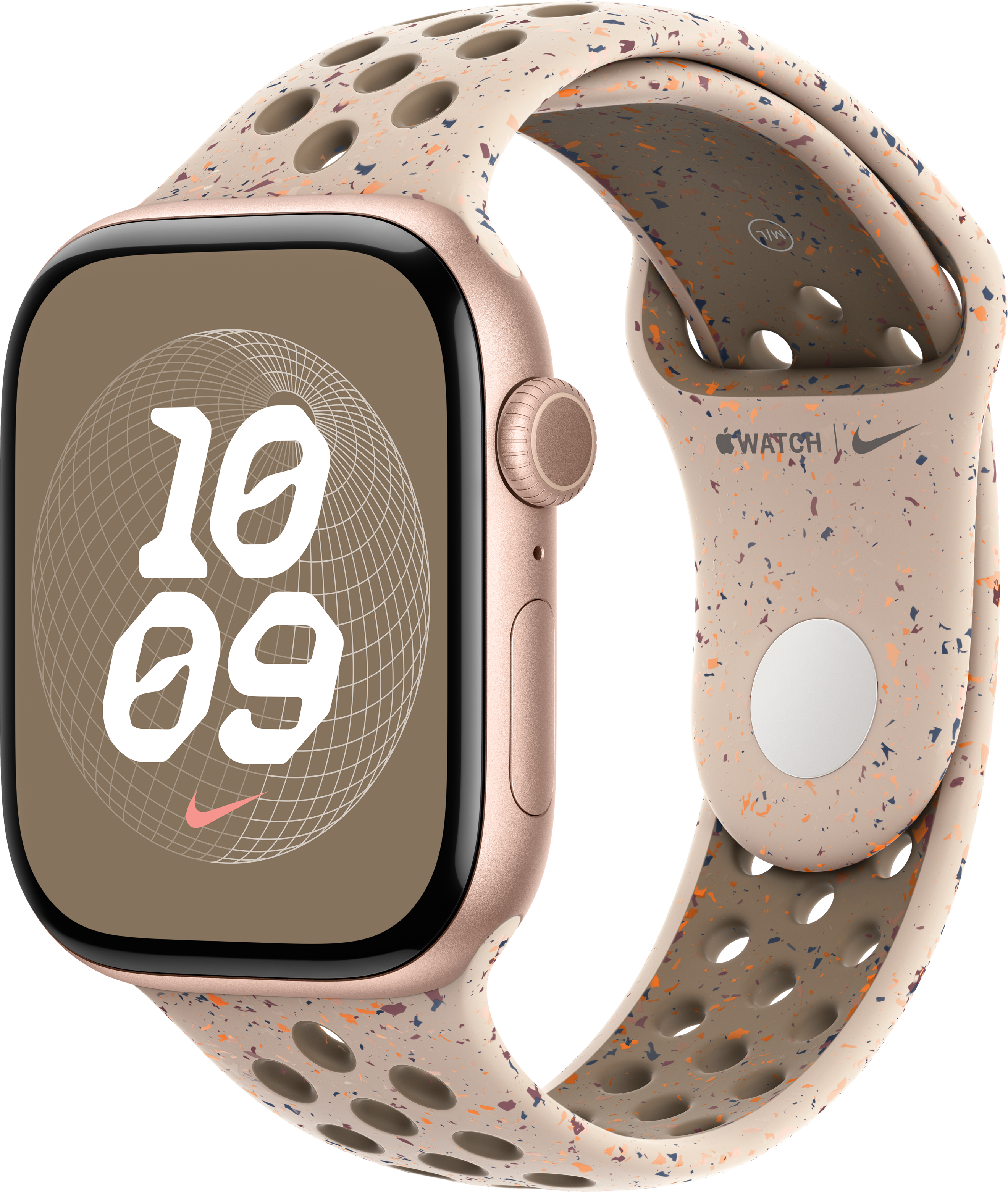 Apple Watch mit beigem Armband und schwarzem Bildschirm, der die Zeit anzeigt. Die Uhr hat ein braunes Zifferblatt und ein Nike-Logo.