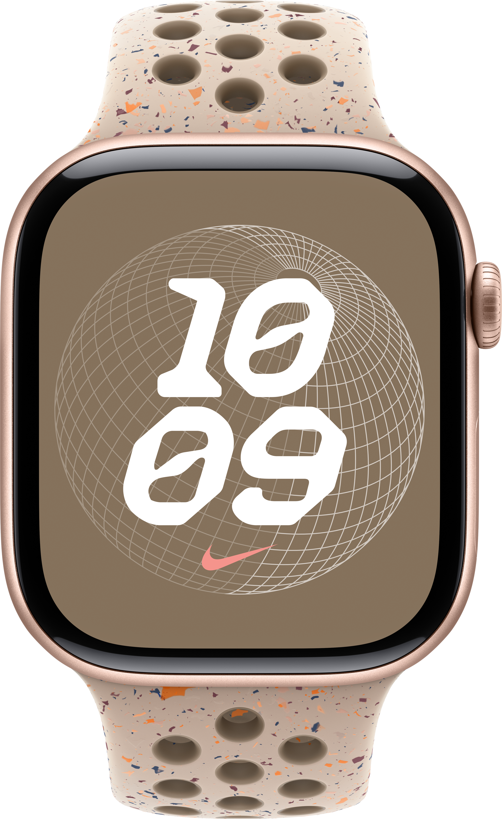Apple Watch mit gesprenkeltem Band. Der Bildschirm zeigt die Uhrzeit 10:09 mit einem weißen Rastermuster.