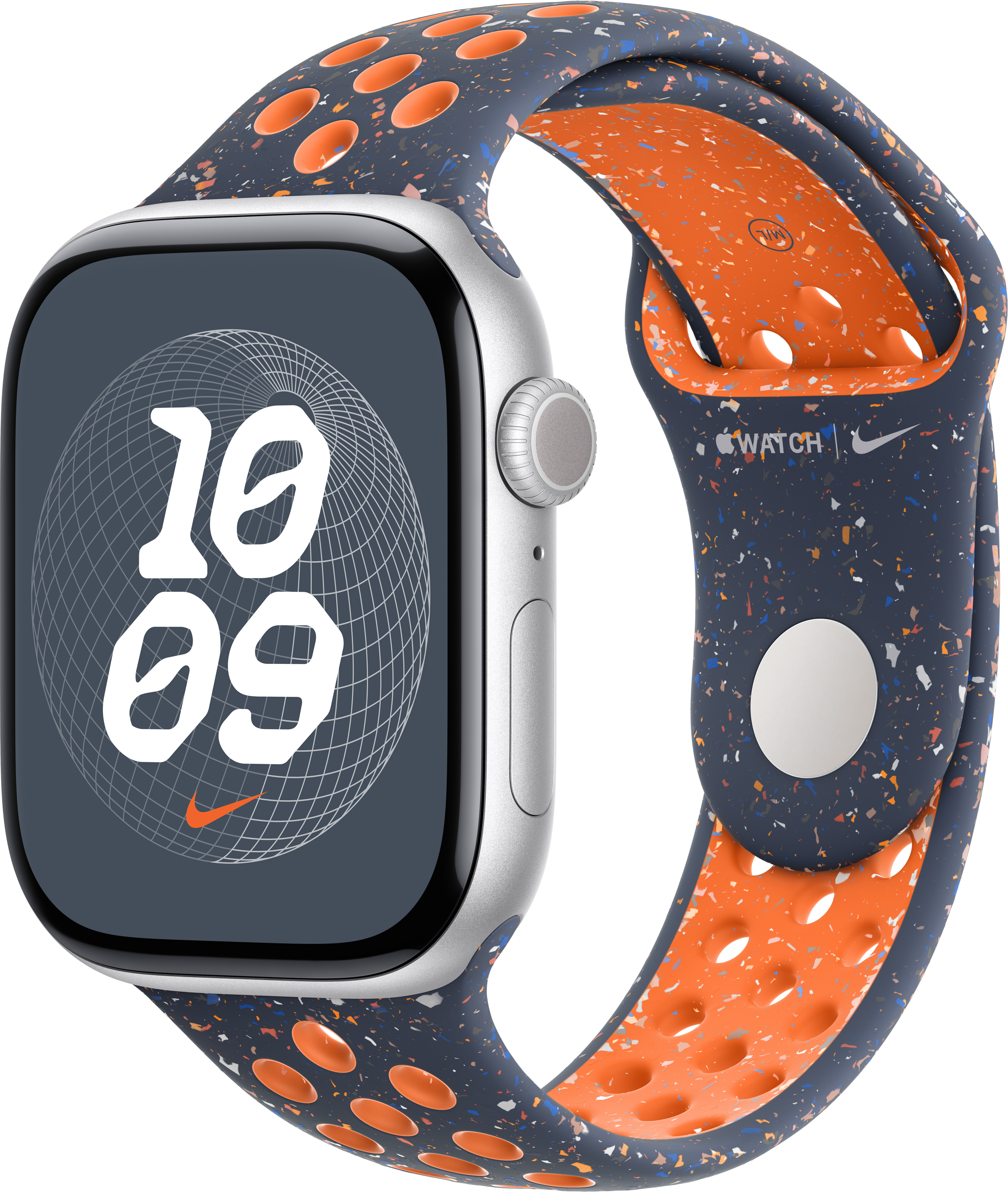 Silberne Apple Watch mit blau-orangefarbenem Nike-Armband, Anzeige der Uhrzeit.