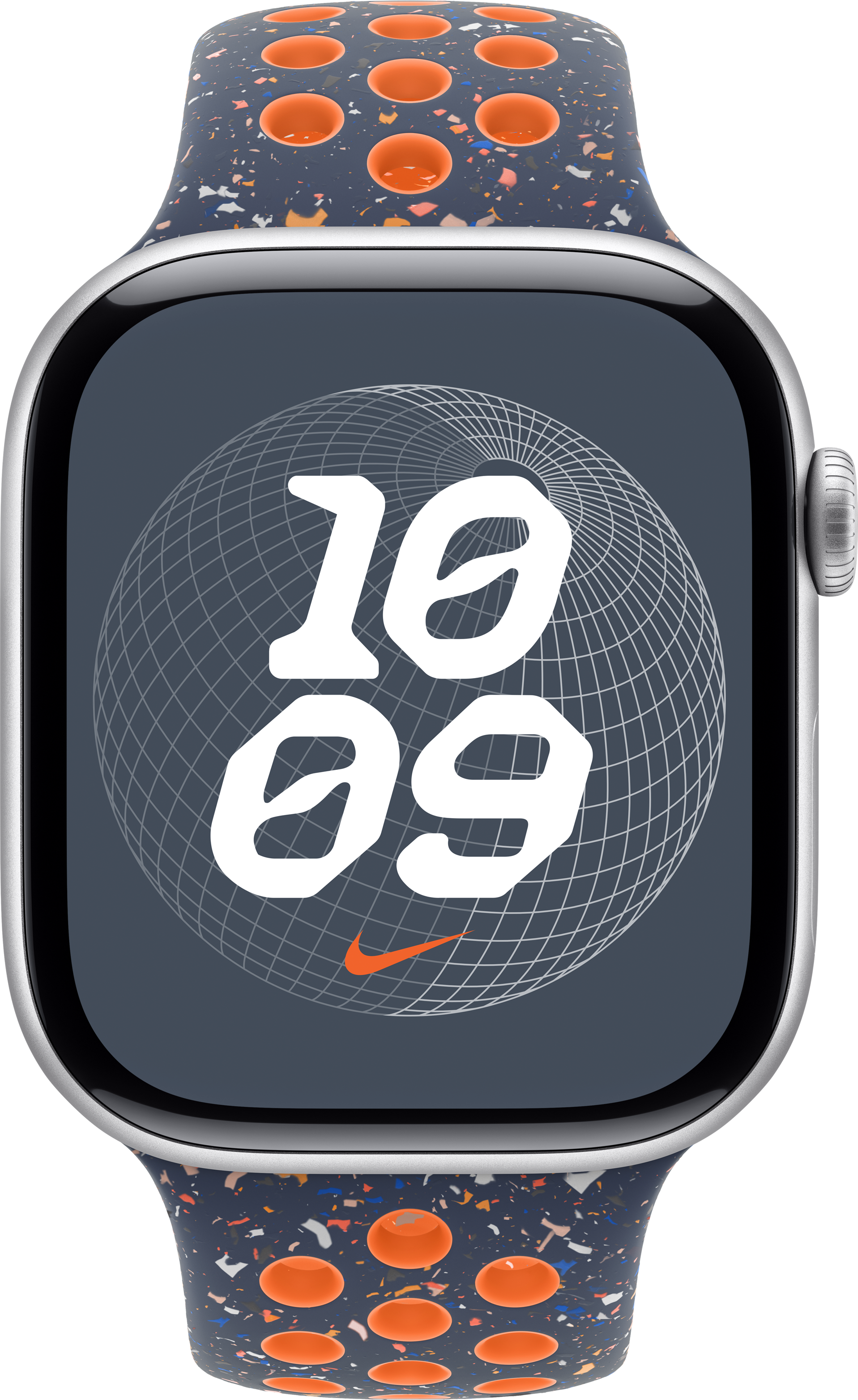 Eine Apple Watch mit dunkelblauem Armband und orangefarbenen Sprenkeln, die die Uhrzeit auf dem Bildschirm anzeigt.