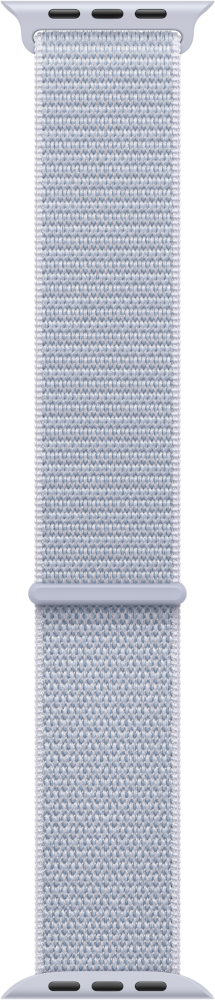 Lichtblauwe Apple Watch band. Geweven textuur. Twee zilveren connectoren aan de uiteinden. Neutrale achtergrond.