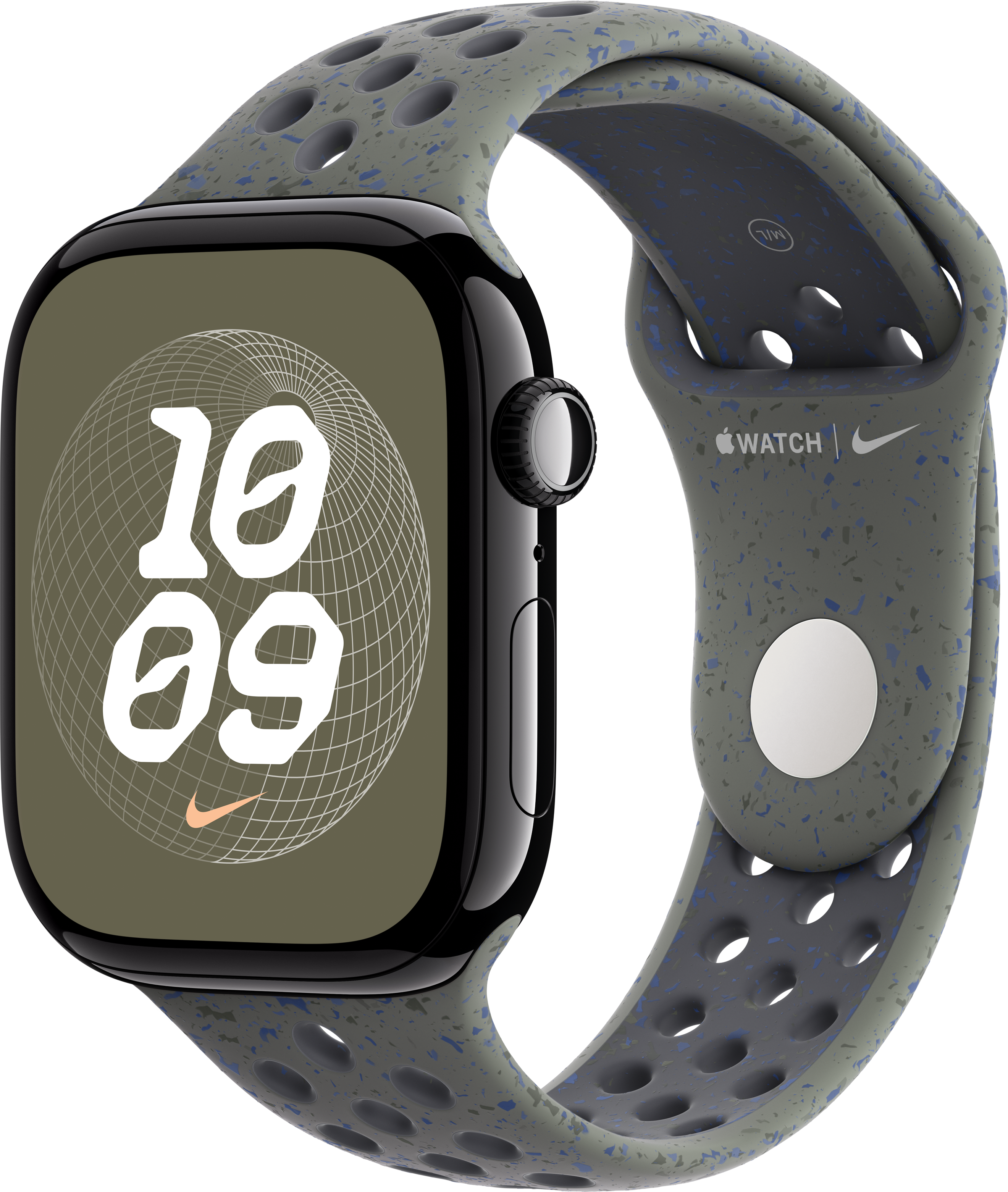 Schwarze Apple Watch mit einem Nike Sportarmband in Olivgrün.