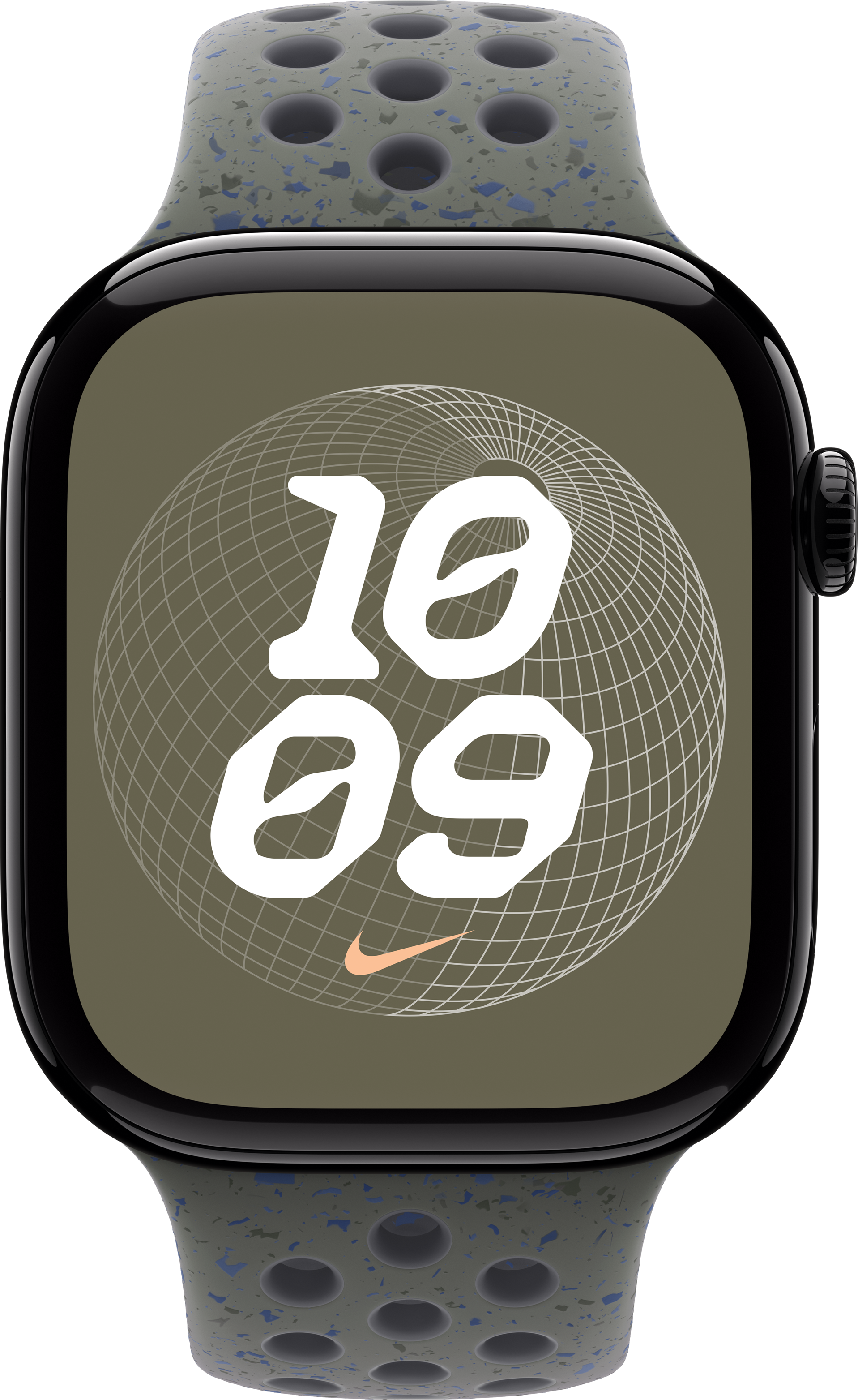 Apple Watch mit Nike-Zifferblatt. Die Uhr zeigt die Zeit 10:09 auf einem gemusterten Armband.
