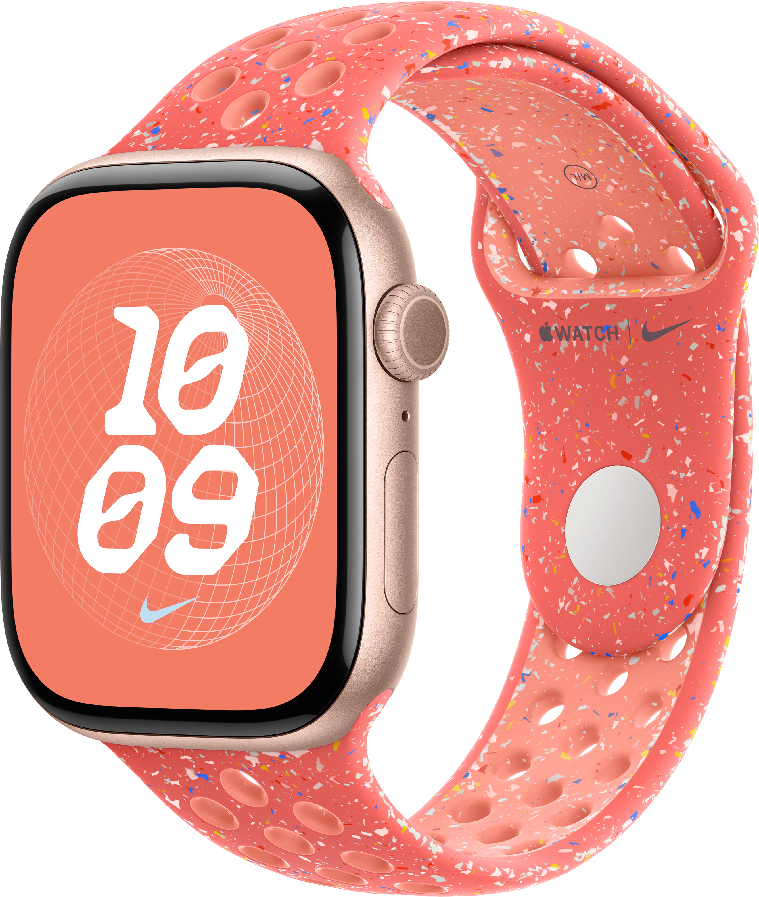 Apple Watch mit roségoldenem Gehäuse und einem gesprenkelt-orangenen Band, die Uhrzeit 10:09 anzeigend.