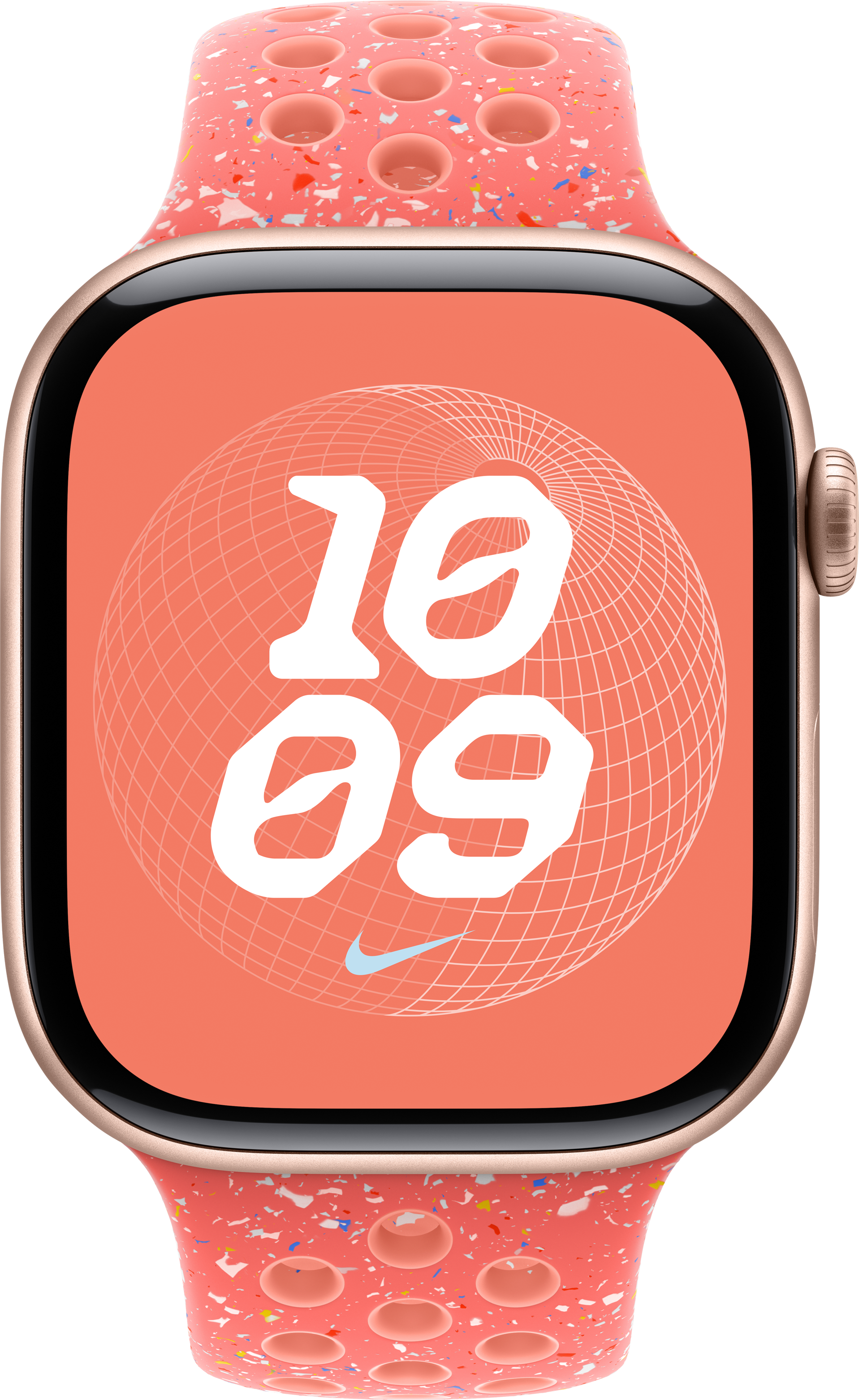 Roségoldene Apple Watch mit korallfarbenem, gesprenkeltem Armband, zeigt 10:09.