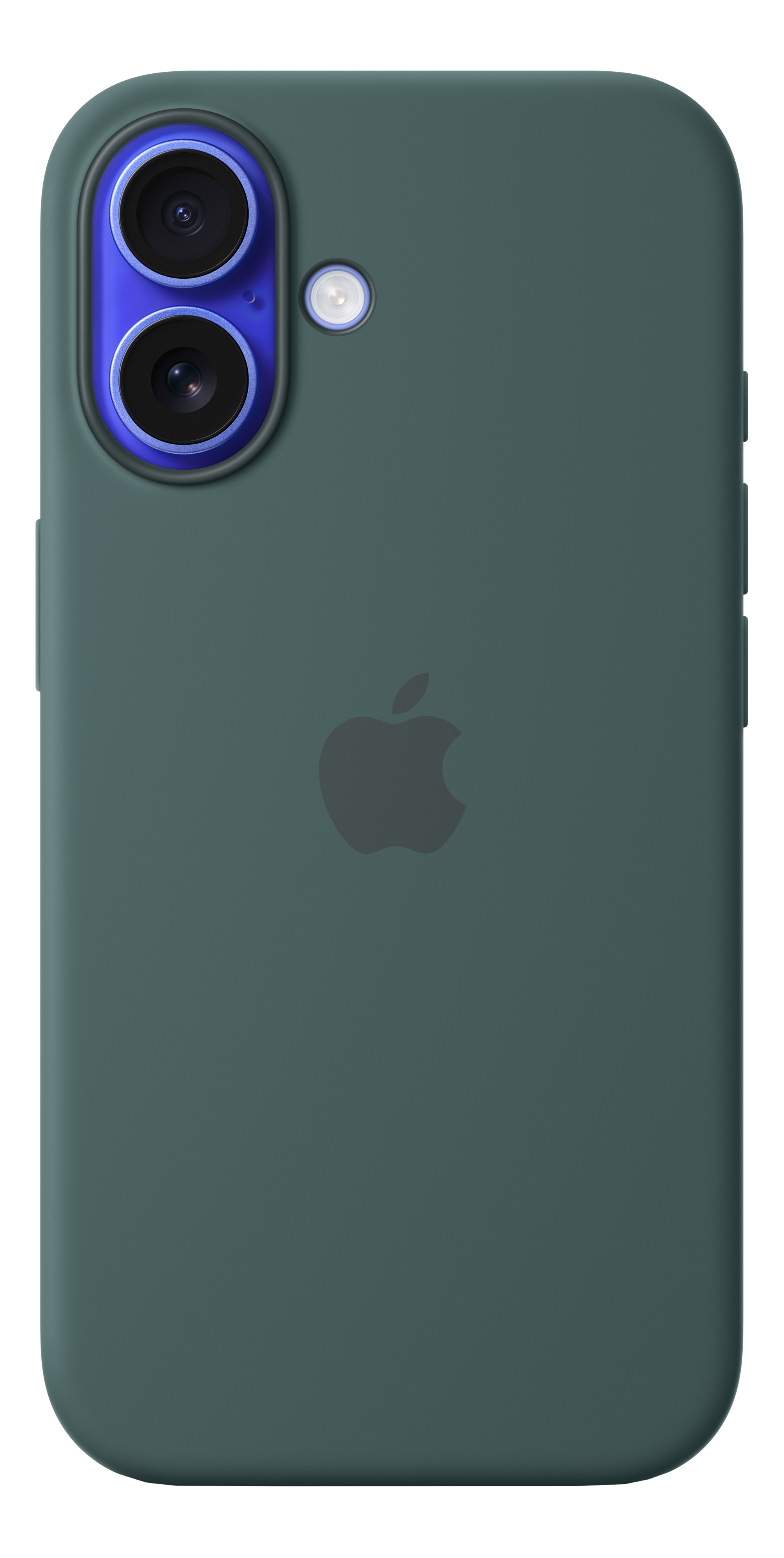 Coque iPhone vert foncé avec logo Apple au dos. Double appareil photo avec accents bleus.