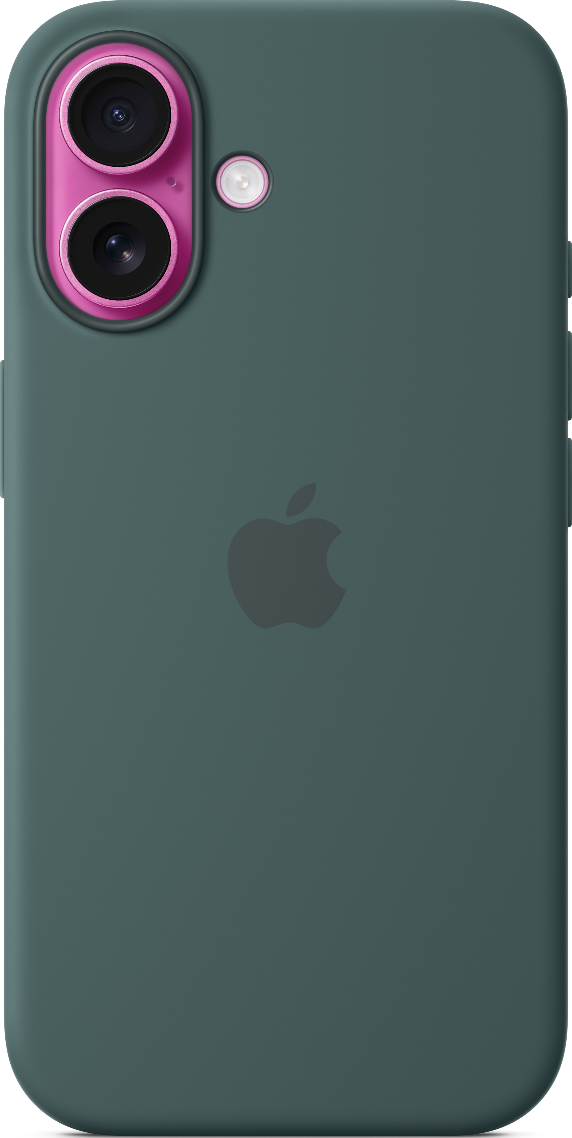 Dos de téléphone vert avec logo Apple. Double caméra avec cercle rose. Fond blanc.