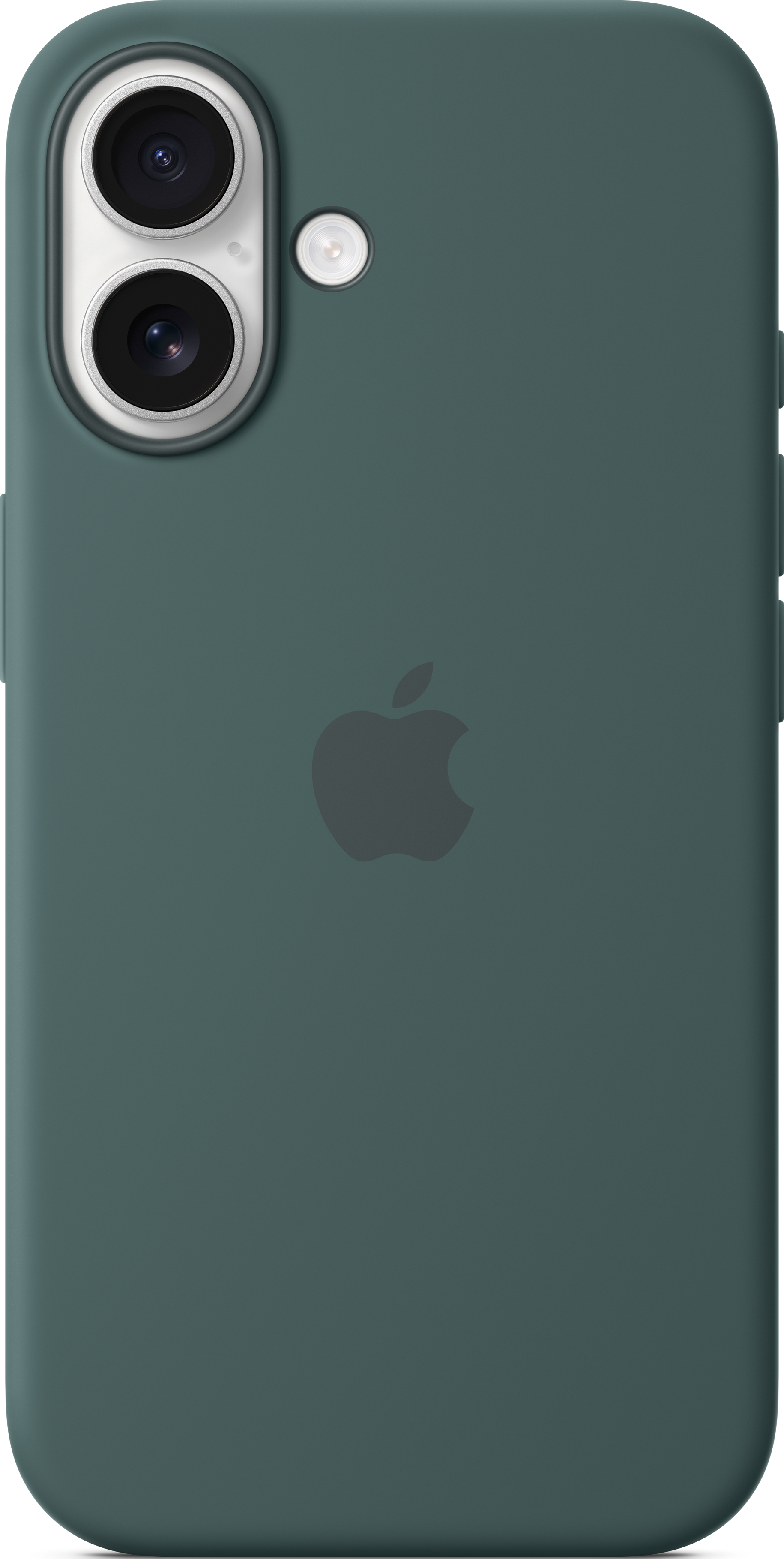Coque iPhone vert foncé avec logo Apple. Objectifs photo en haut à gauche.