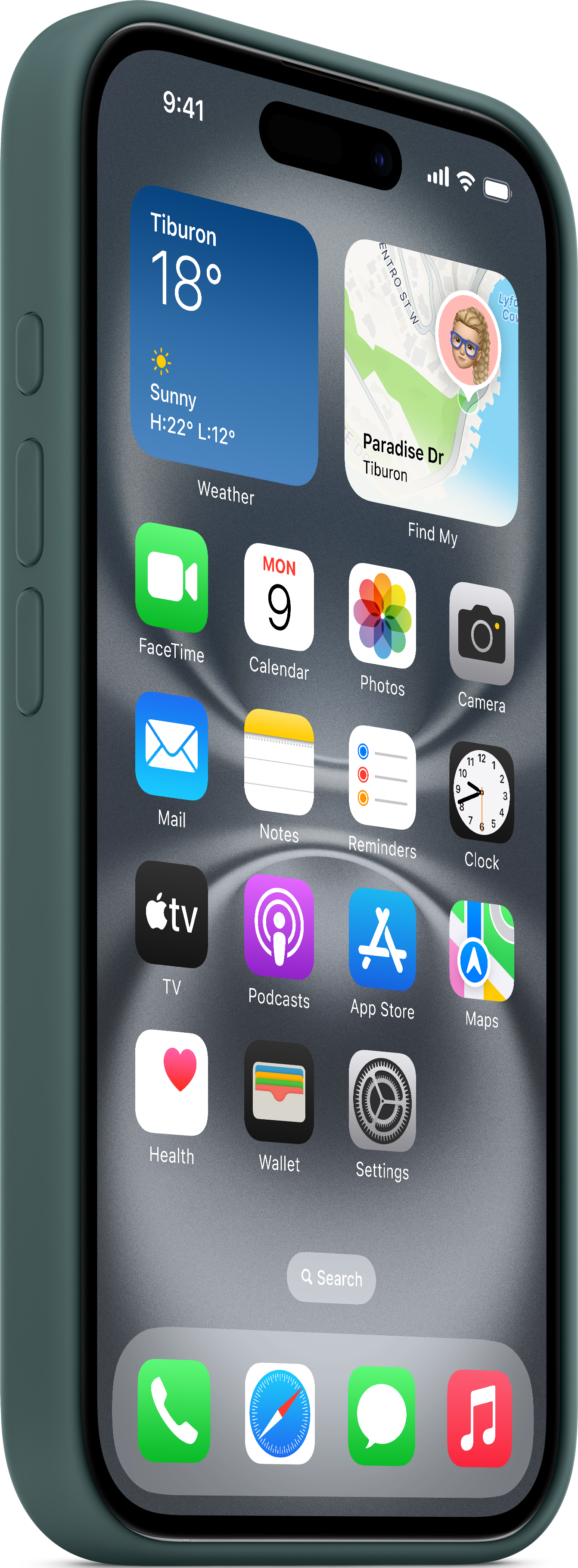 Coque de téléphone verte avec un iPhone. La météo, l'heure et les icônes d'applications sont sur l'écran.