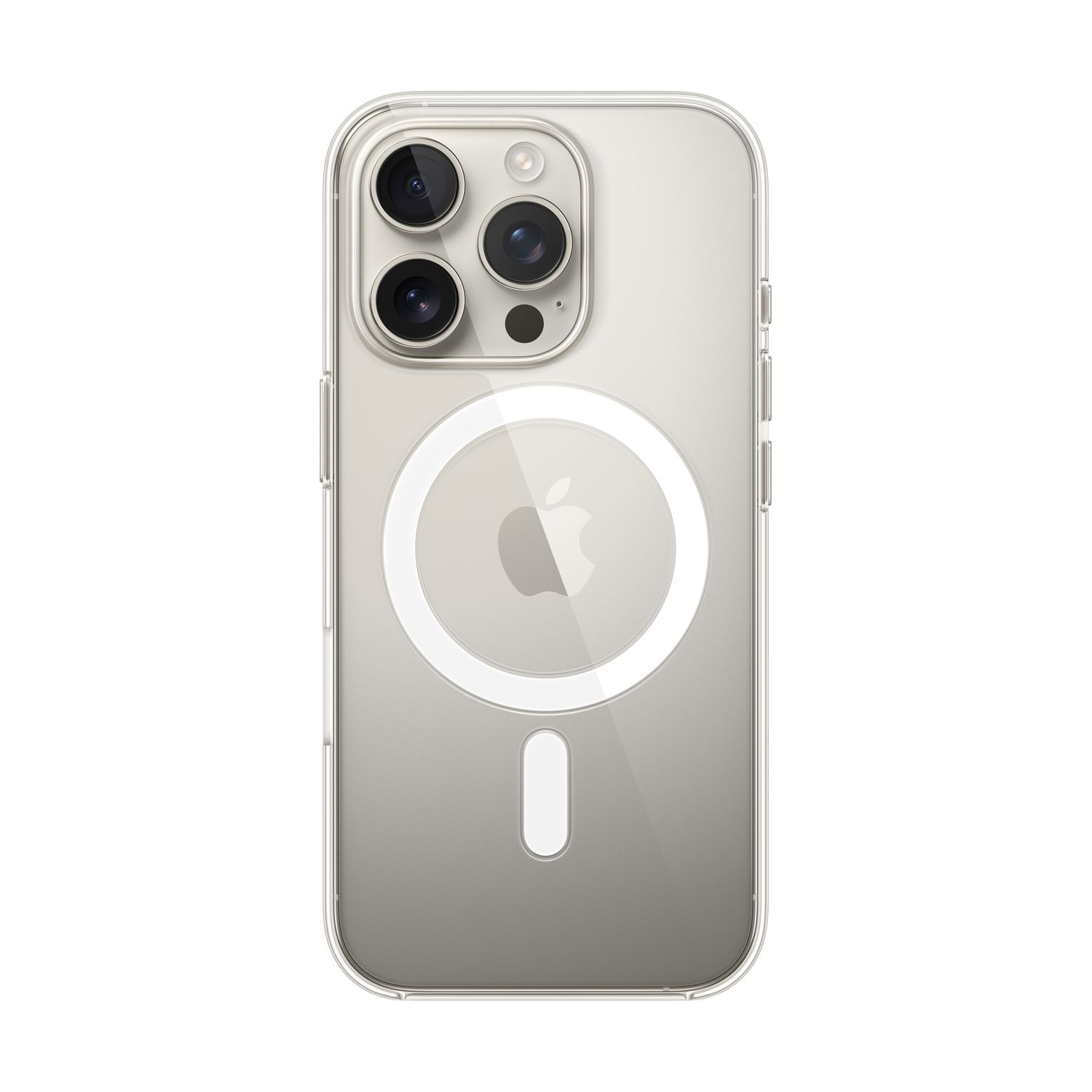 Clear phone case with Apple logo, three camera lenses, and a MagSafe circle.