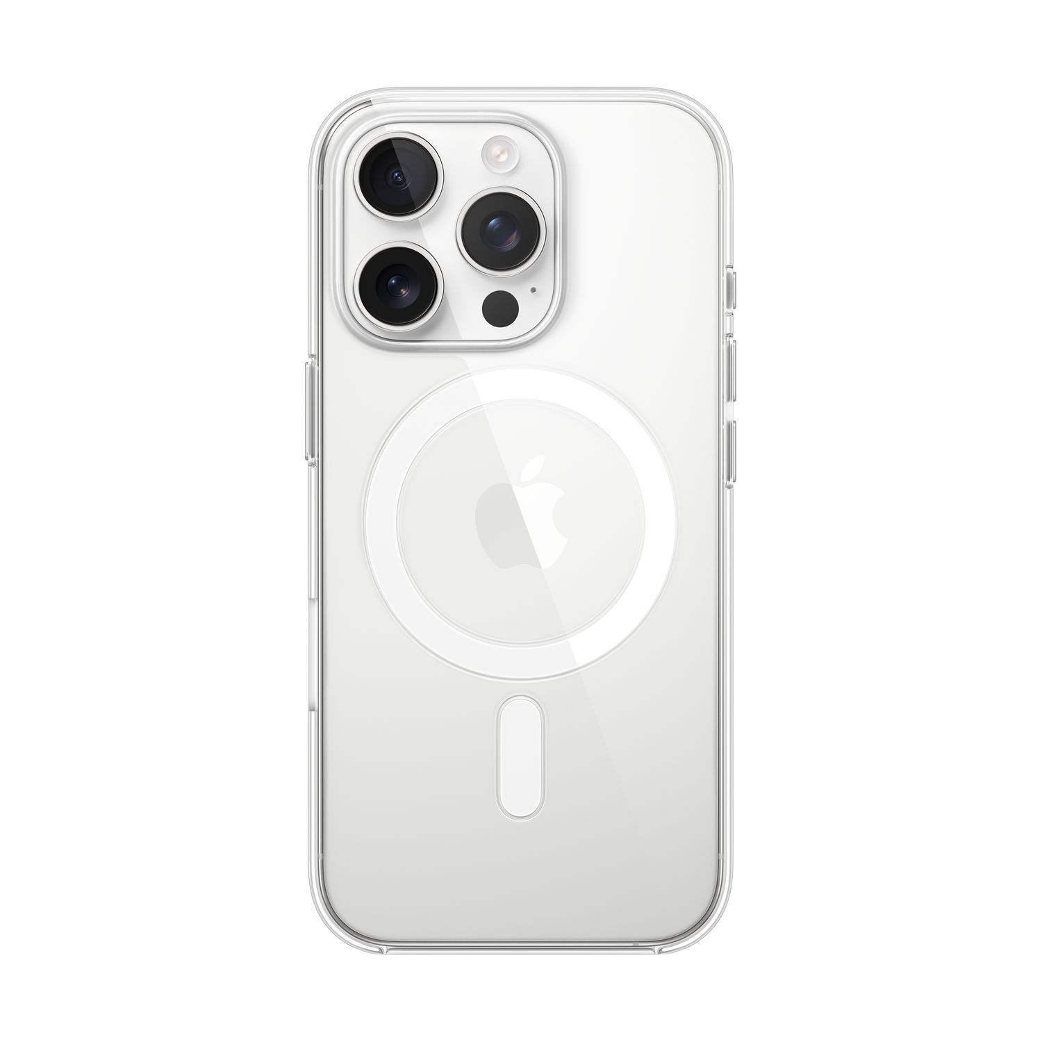 Clear phone case over a white iPhone. The case is transparent, showing the Apple logo.