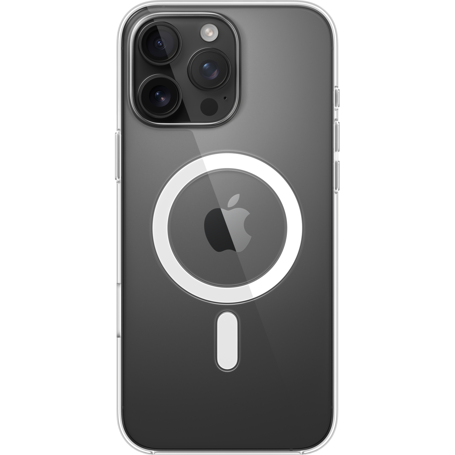 Clear iPhone case with MagSafe. It has a circular magnet and a white rectangular marker.