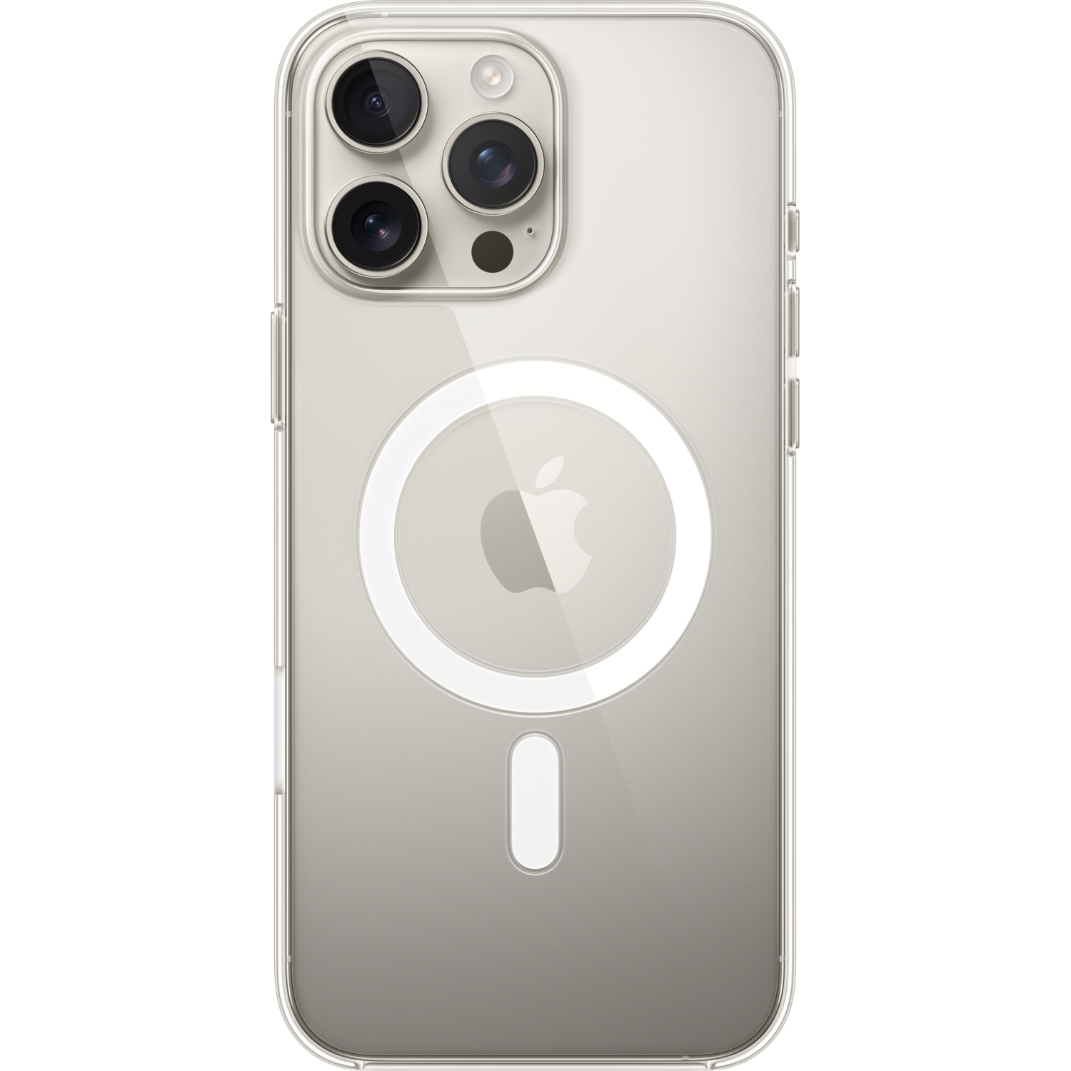 An iPhone with a clear case and a MagSafe circle on the back.