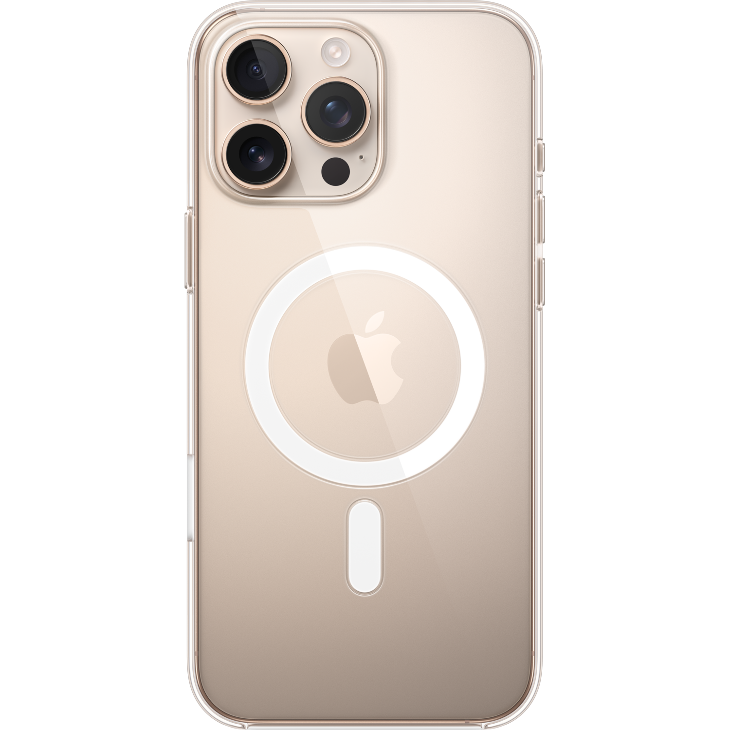 A clear phone case with three camera lenses and an Apple logo.