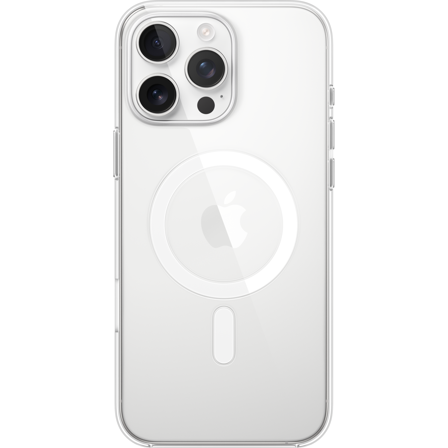 Clear phone case with Apple logo and triple camera setup.