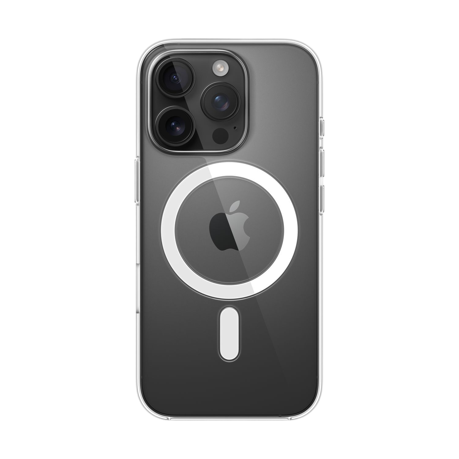 Coque iPhone transparente avec anneau MagSafe blanc. Caméras de l'iPhone visibles.