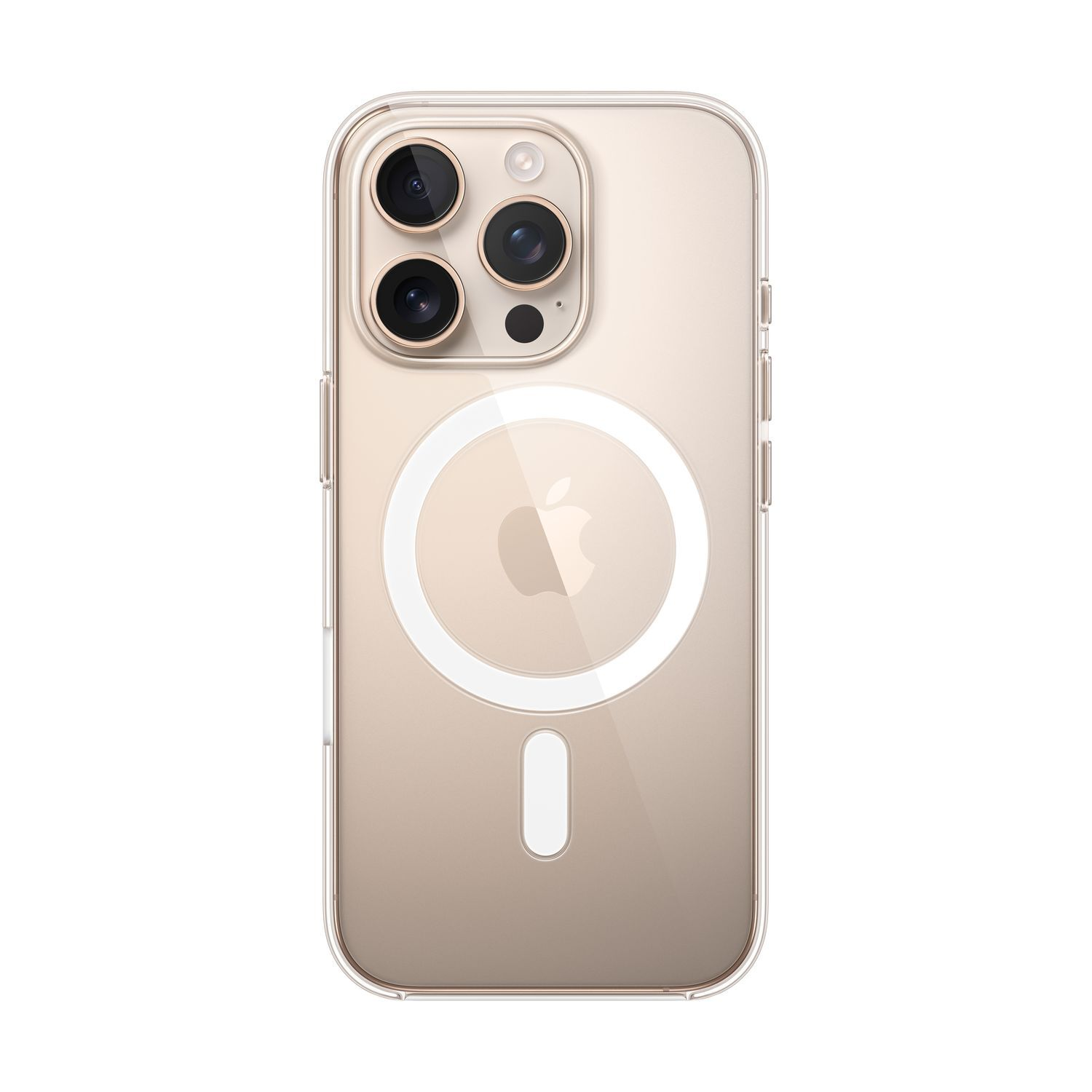 Coque transparente pour iPhone avec bosse de caméra, logo Apple et anneau MagSafe sur fond blanc.