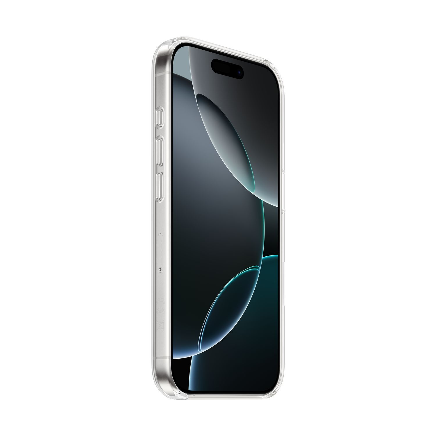 Coque transparente sur iPhone 14 Pro, montrant l'arrière et les boutons latéraux du téléphone.