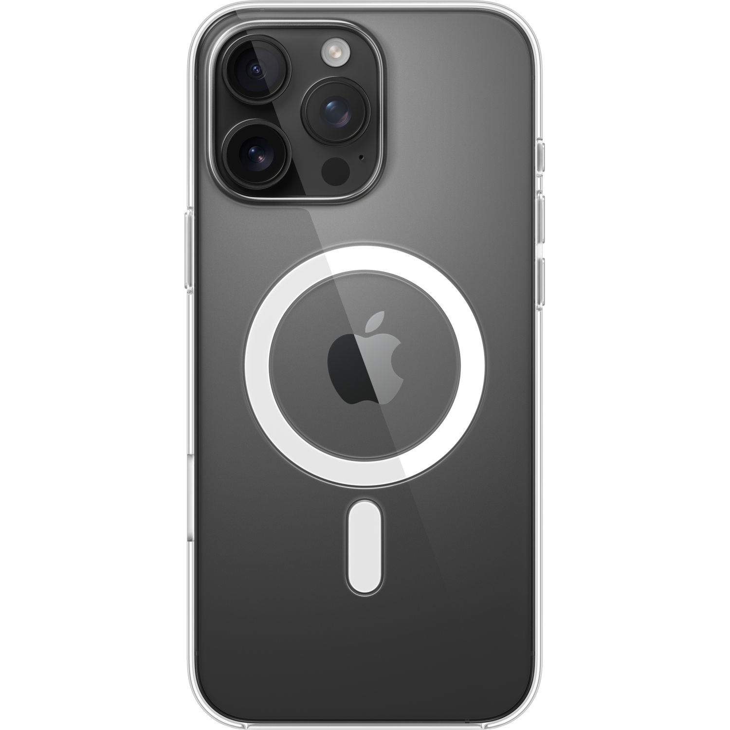Transparante telefoonhoes met een camerabult en een witte cirkel met een Apple-logo. De achtergrond is zwart.