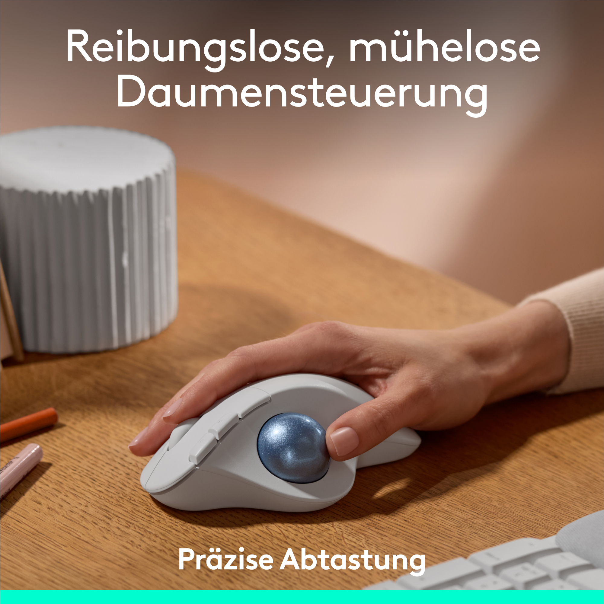 Die Hand einer Person auf einer grauen Trackball-Maus auf einem Holztisch. Text in Deutsch ist überlagert.