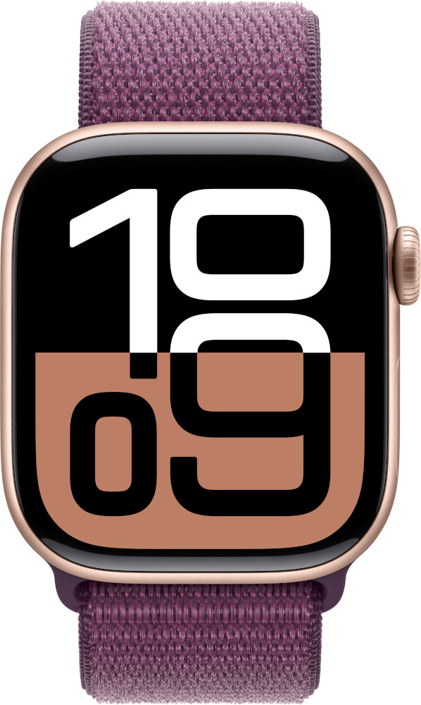 Close-up van een smartwatch met een paarse band, die de tijd en een kleurrijk display toont.