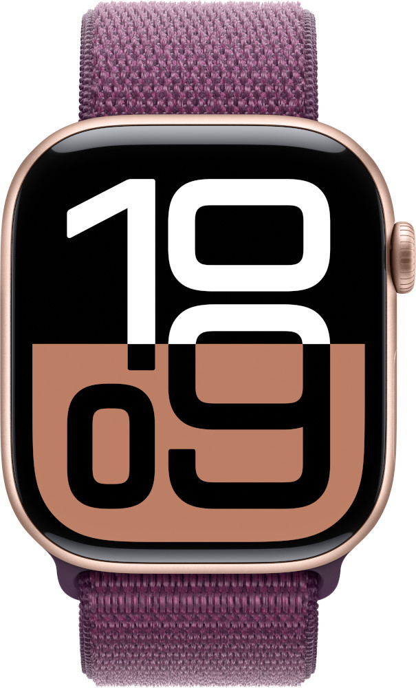 Gouden Apple Watch met een bordeauxrode band, het display toont 10:09.
