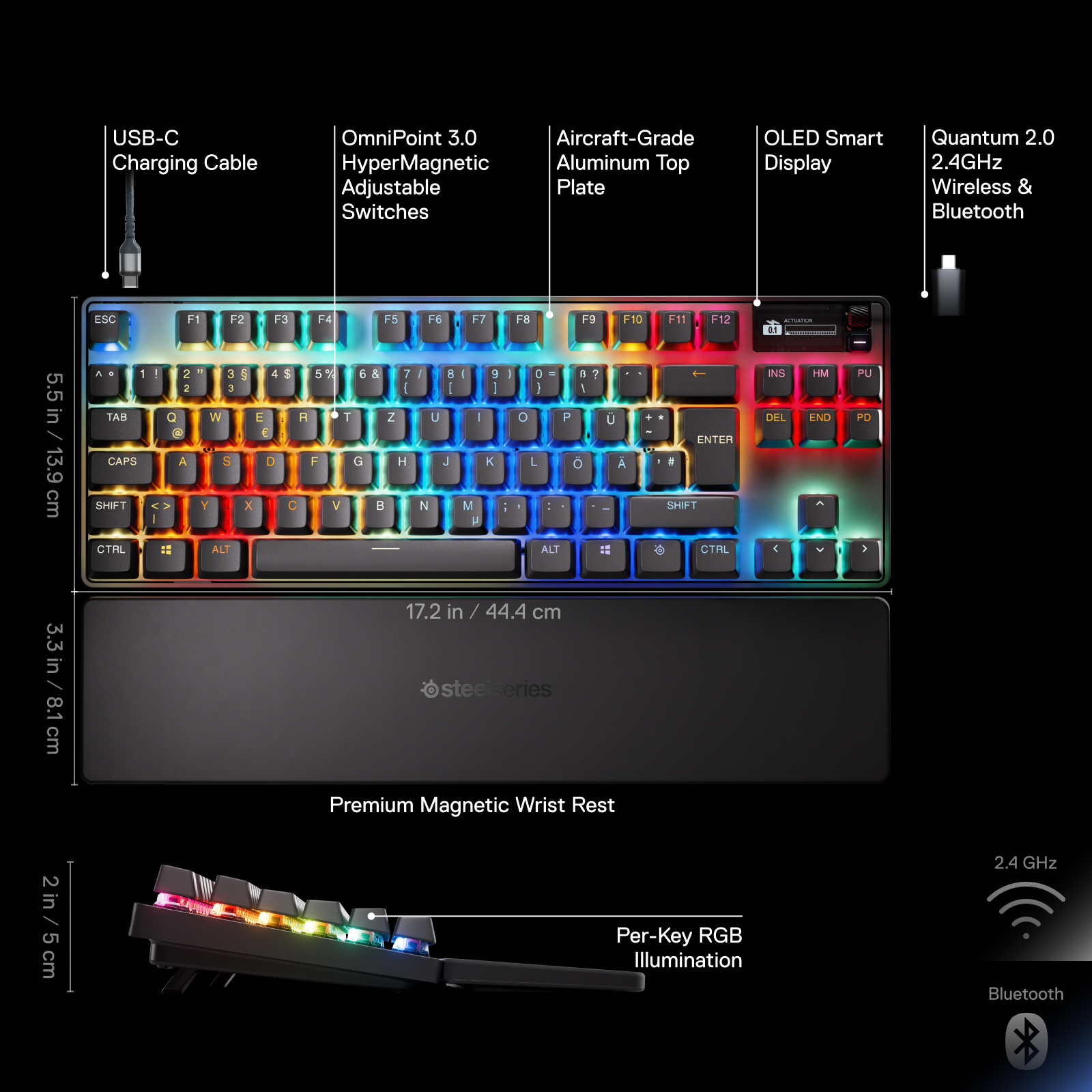 Eine Tastatur mit hervorgehobenen Tasten und einer Handballenauflage. Die Tastatur ist schwarz und hat ein mehrfarbiges Licht.