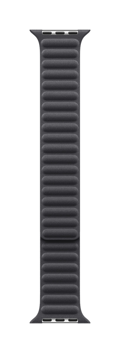 Apple Watch band, donkergrijs leer met een geribbeld ontwerp, zwarte achtergrond.
