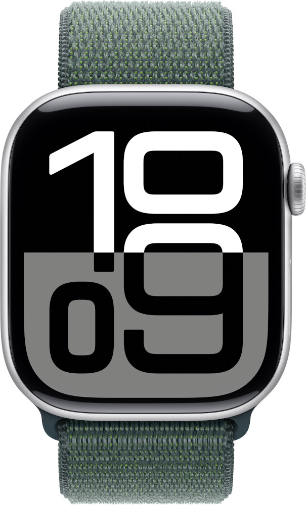 Apple Watch met groene band, toont de tijd 10:09.