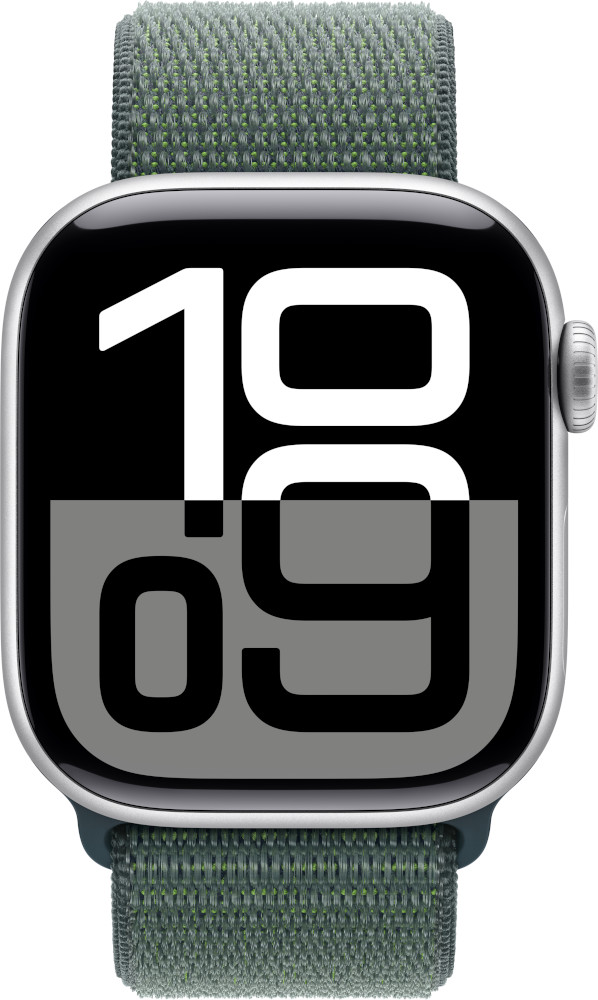 Een Apple Watch met een groene en grijze band. De watch geeft de tijd weer.