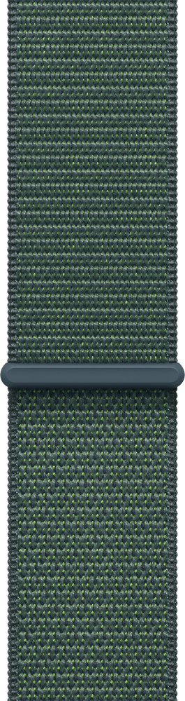 Groene en zwarte geweven Apple Watch-band met een donkergrijze sluiting.