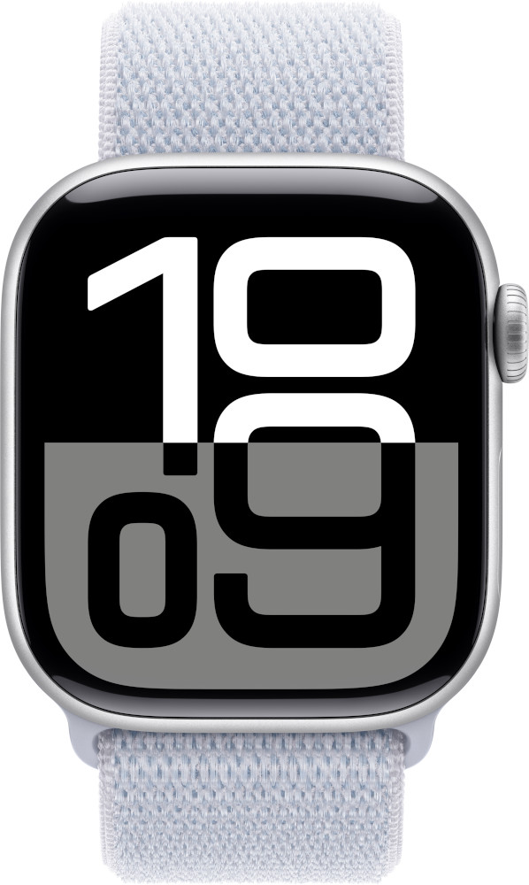 Een Apple Watch met een blauwe band en een digitale wijzerplaat die de tijd weergeeft.