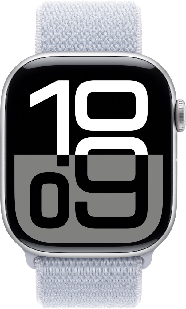 Apple Watch met een zwart scherm dat de tijd '19:09' toont en een lichtblauwe stoffen band.