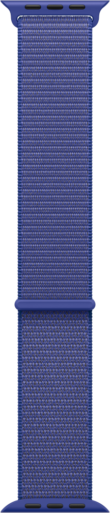 Bracelet Apple Watch bleu, vertical, avec fond noir.