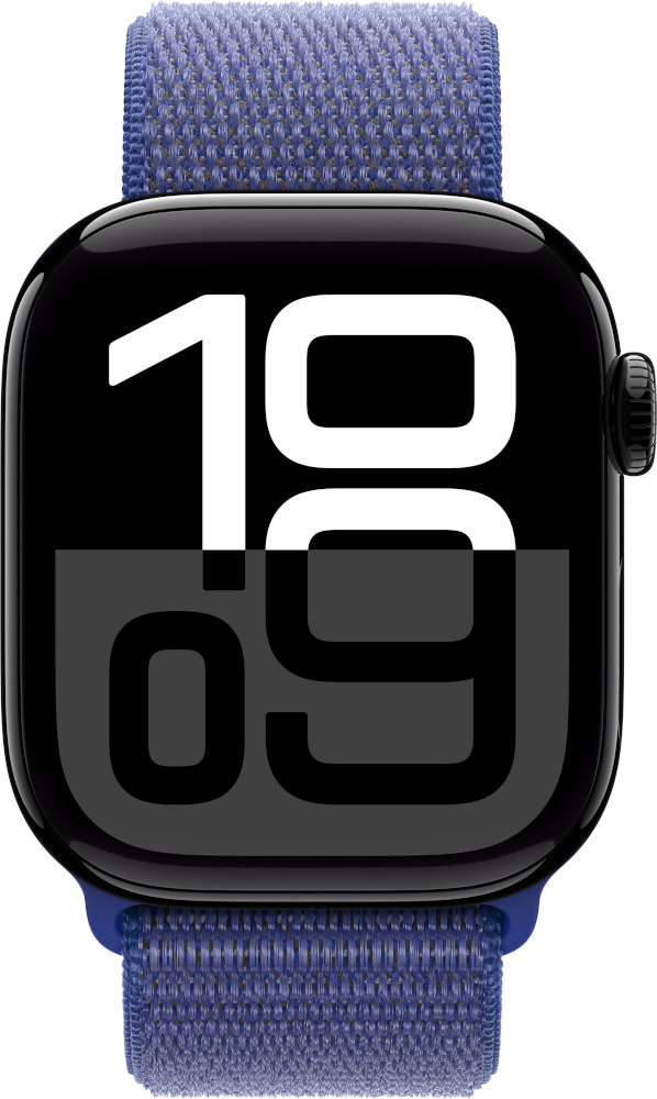 Apple Watch affichant 10:09 sur un écran noir avec un bracelet bleu attaché.