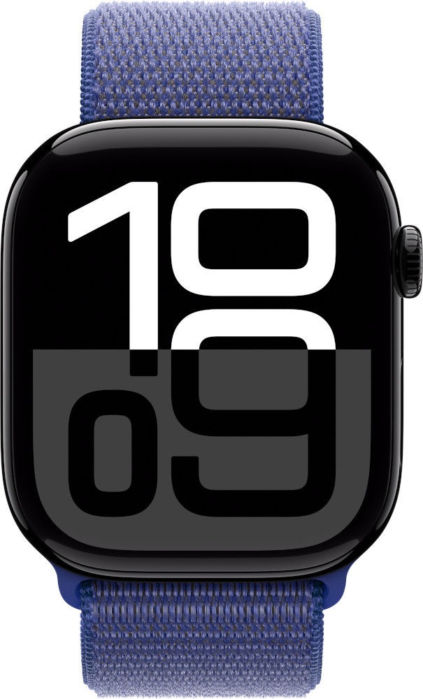 Apple Watch avec un bracelet bleu, affichant l'heure 10h09 à l'écran.