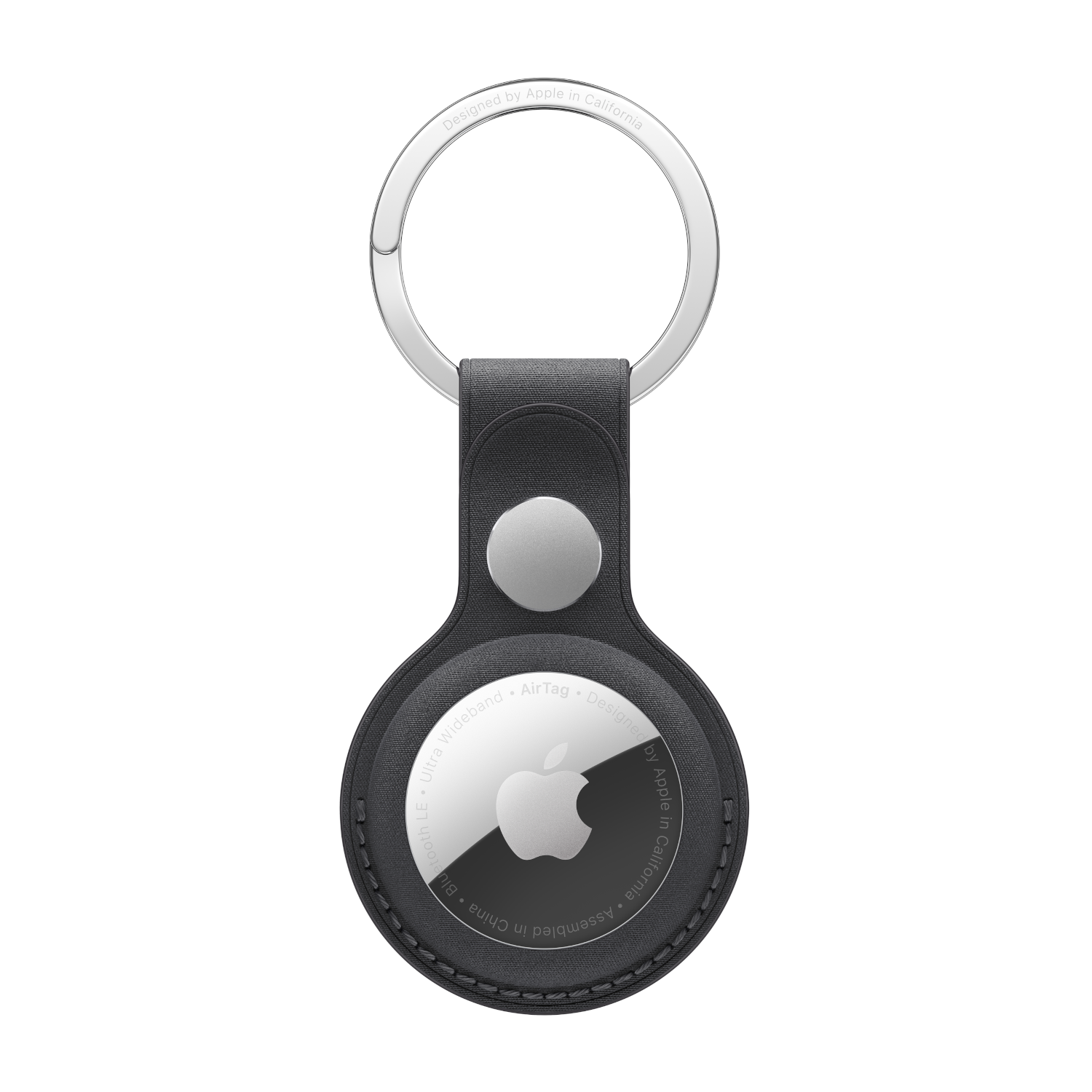 Black leather AirTag with a silver keychain and the Apple logo.