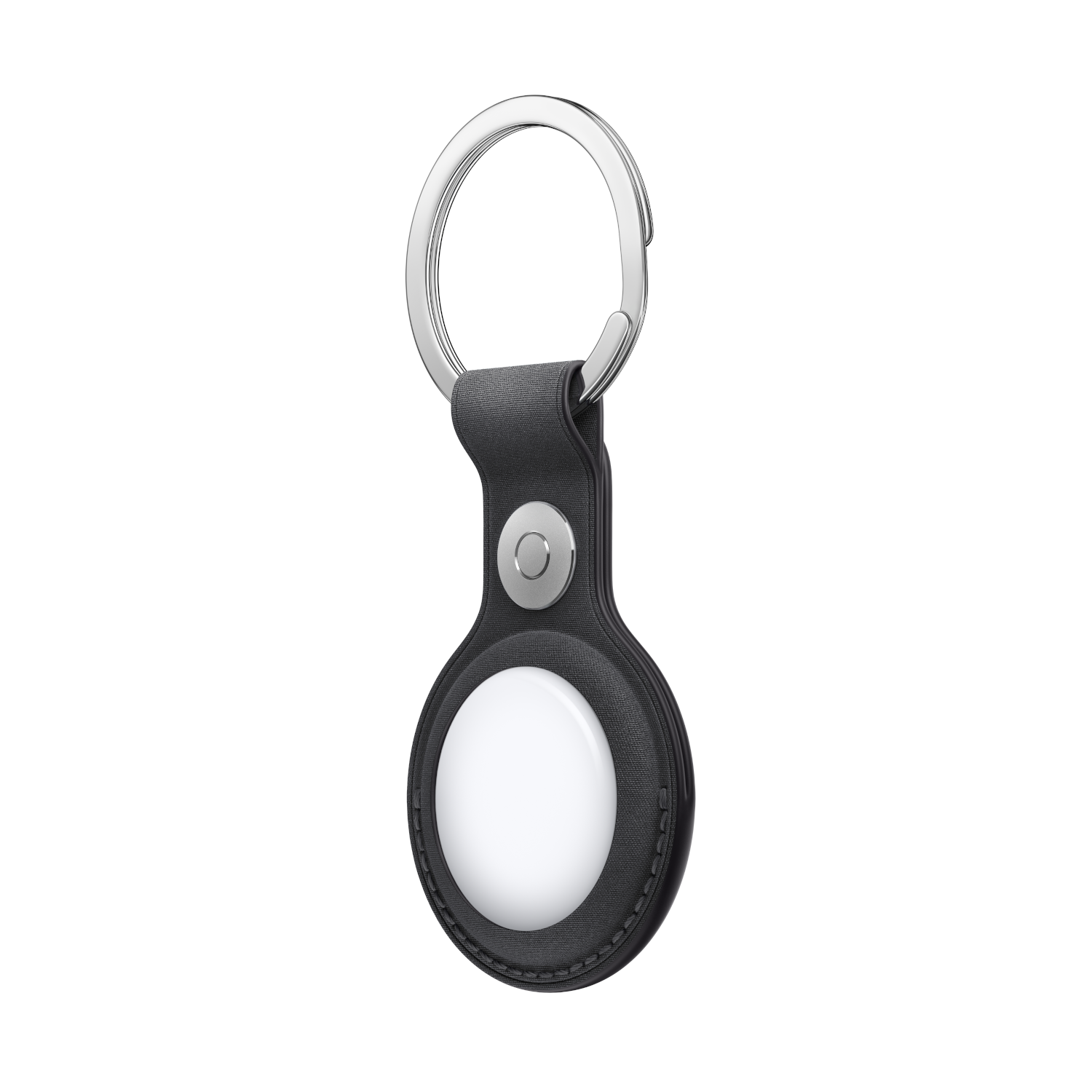 Zwarte AirTag met zilveren sleutelhanger. Circulair ontwerp, witte kern.
