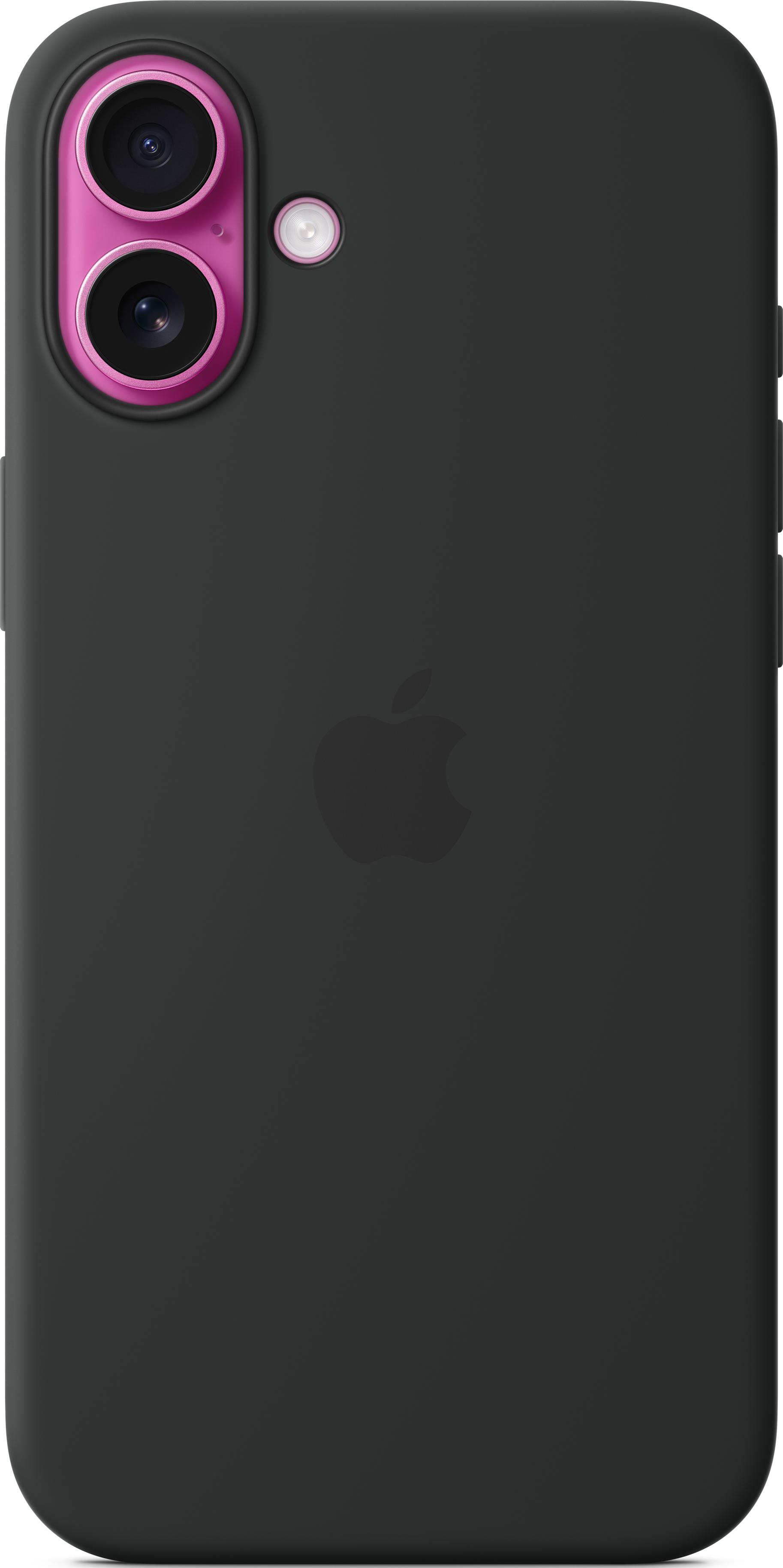 Schwarze iPhone-Hülle mit Apple-Logo und pinkem Kameramodul.